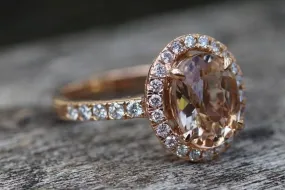 18k Rose Gold Oval Morganite Peach Beige Diamond Halo Engagement Ring Vintage 10x7mm