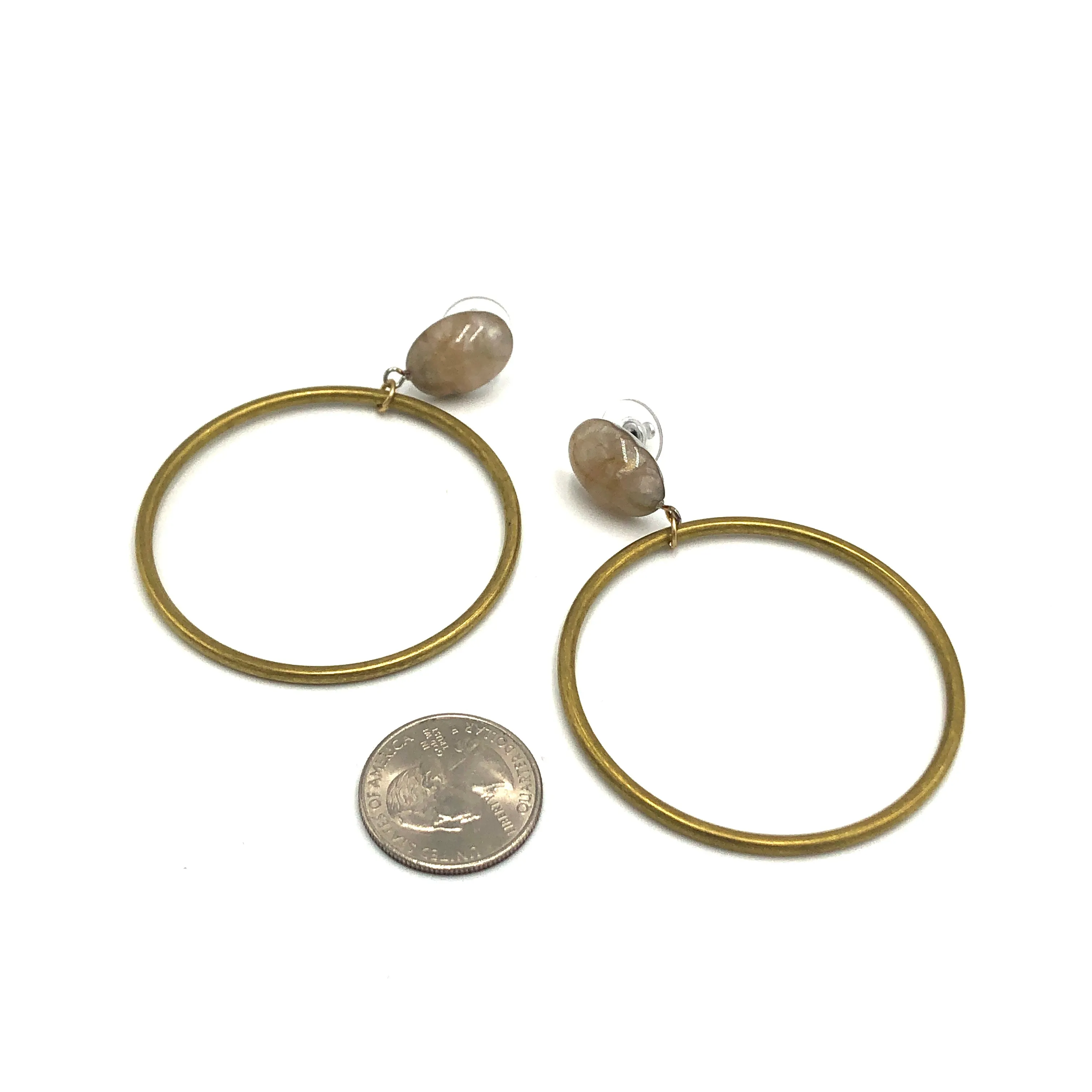 Beige Marbled Brass Loop Earrings