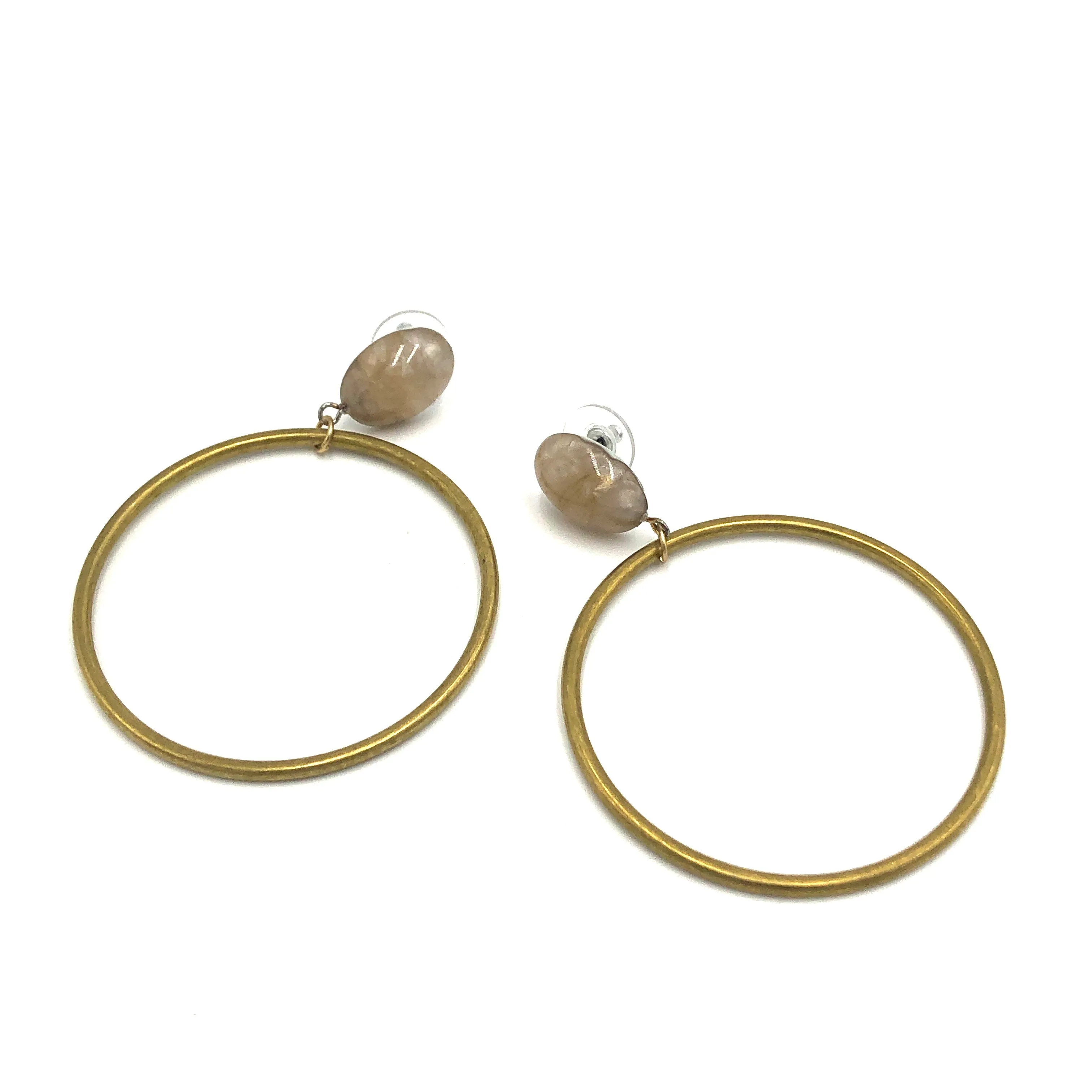 Beige Marbled Brass Loop Earrings