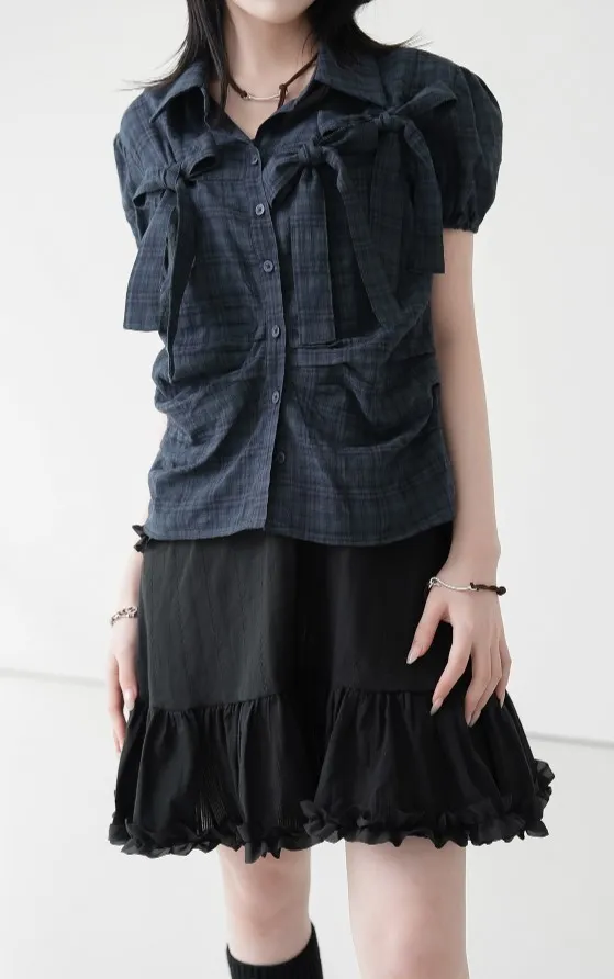 Binary01  |Other Plaid Patterns Short Sleeves Puff Sleeves