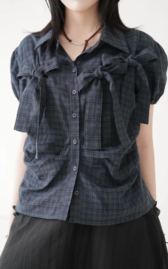 Binary01  |Other Plaid Patterns Short Sleeves Puff Sleeves