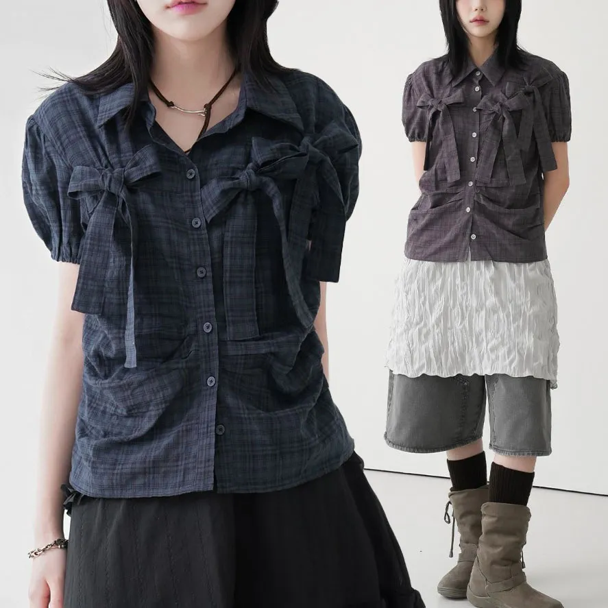 Binary01  |Other Plaid Patterns Short Sleeves Puff Sleeves