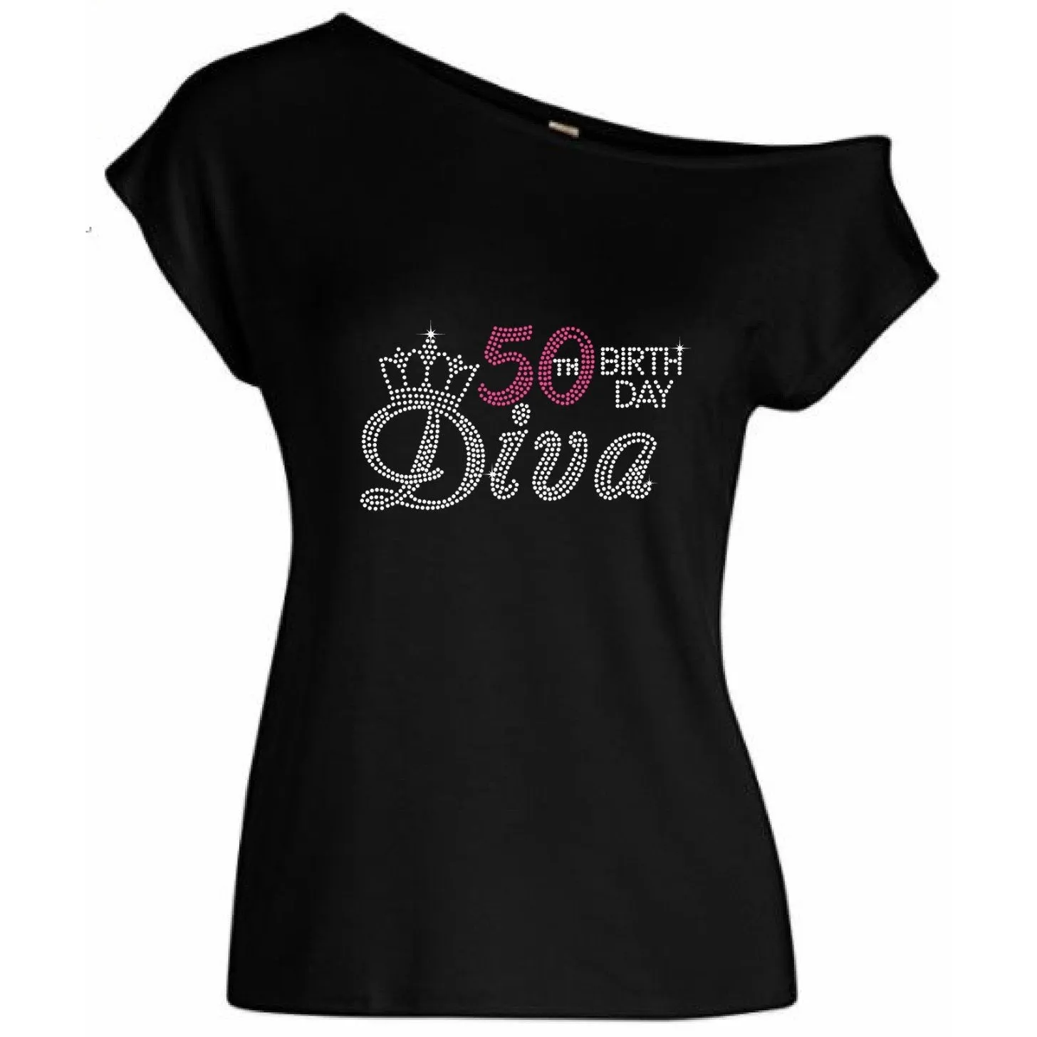 Birth Day Diva Rhinestone Off Shoulder T Shirt