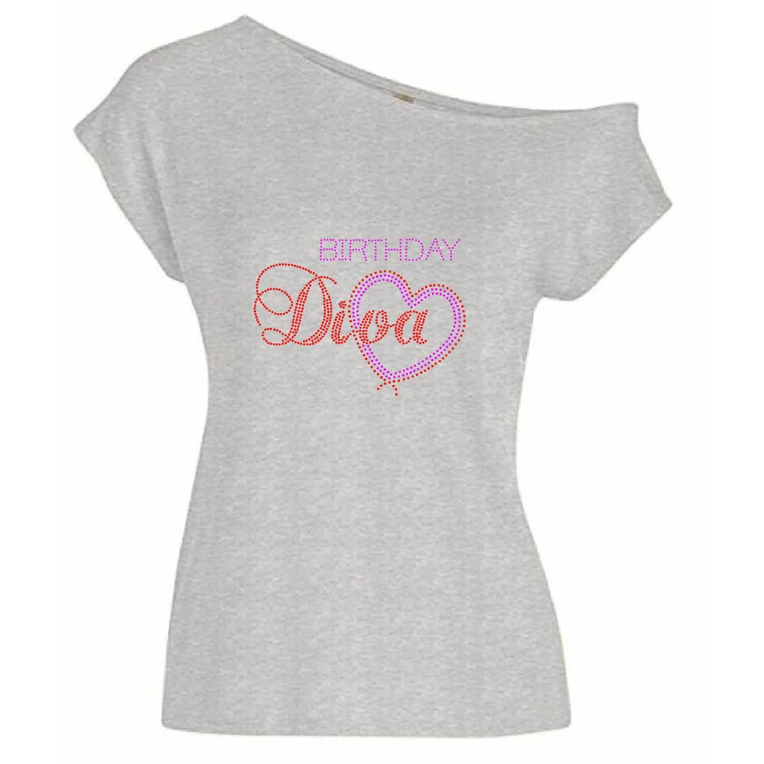 Birthday Diva With Heart Rhinestone Off Shoulder T-Shirt