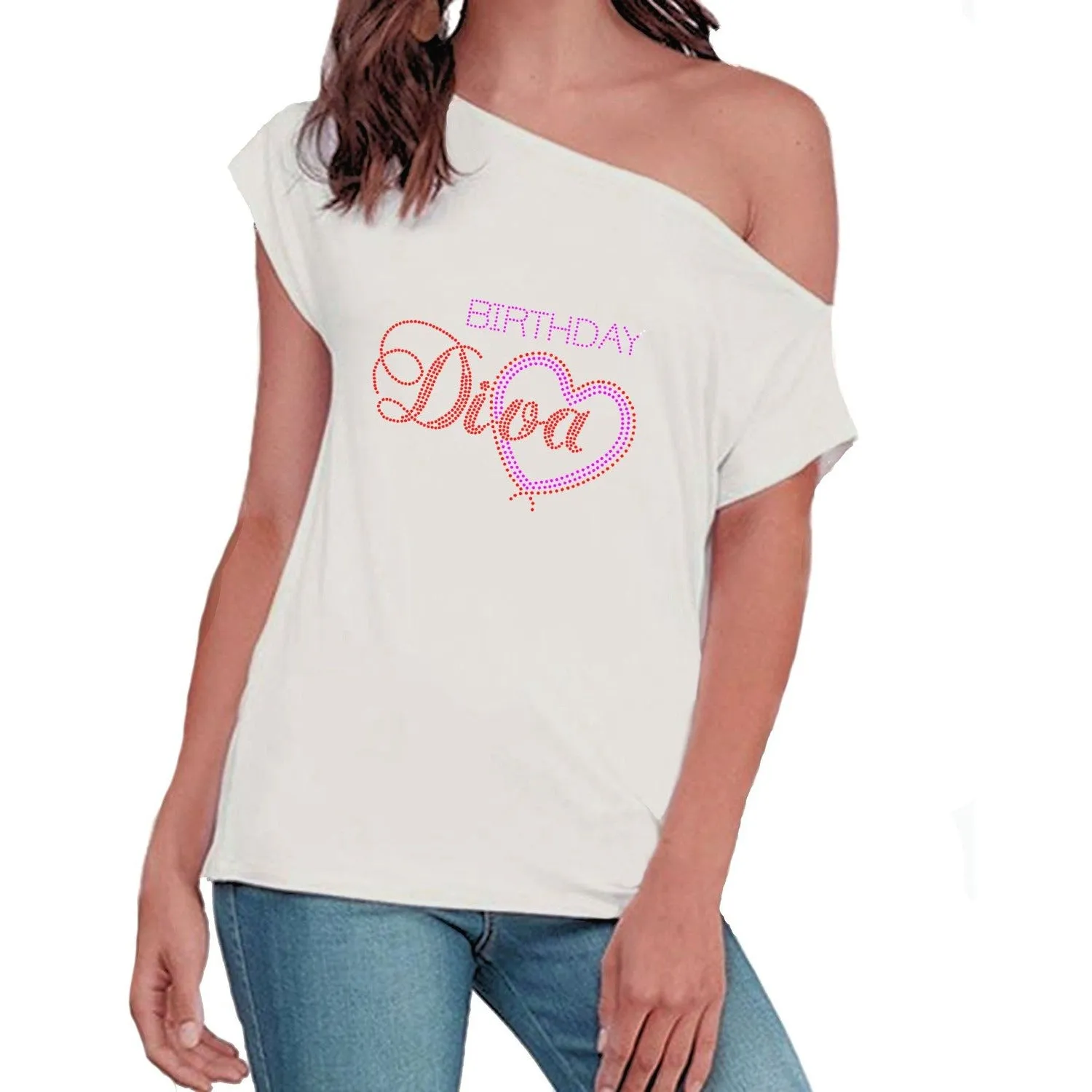 Birthday Diva With Heart Rhinestone Off Shoulder T-Shirt