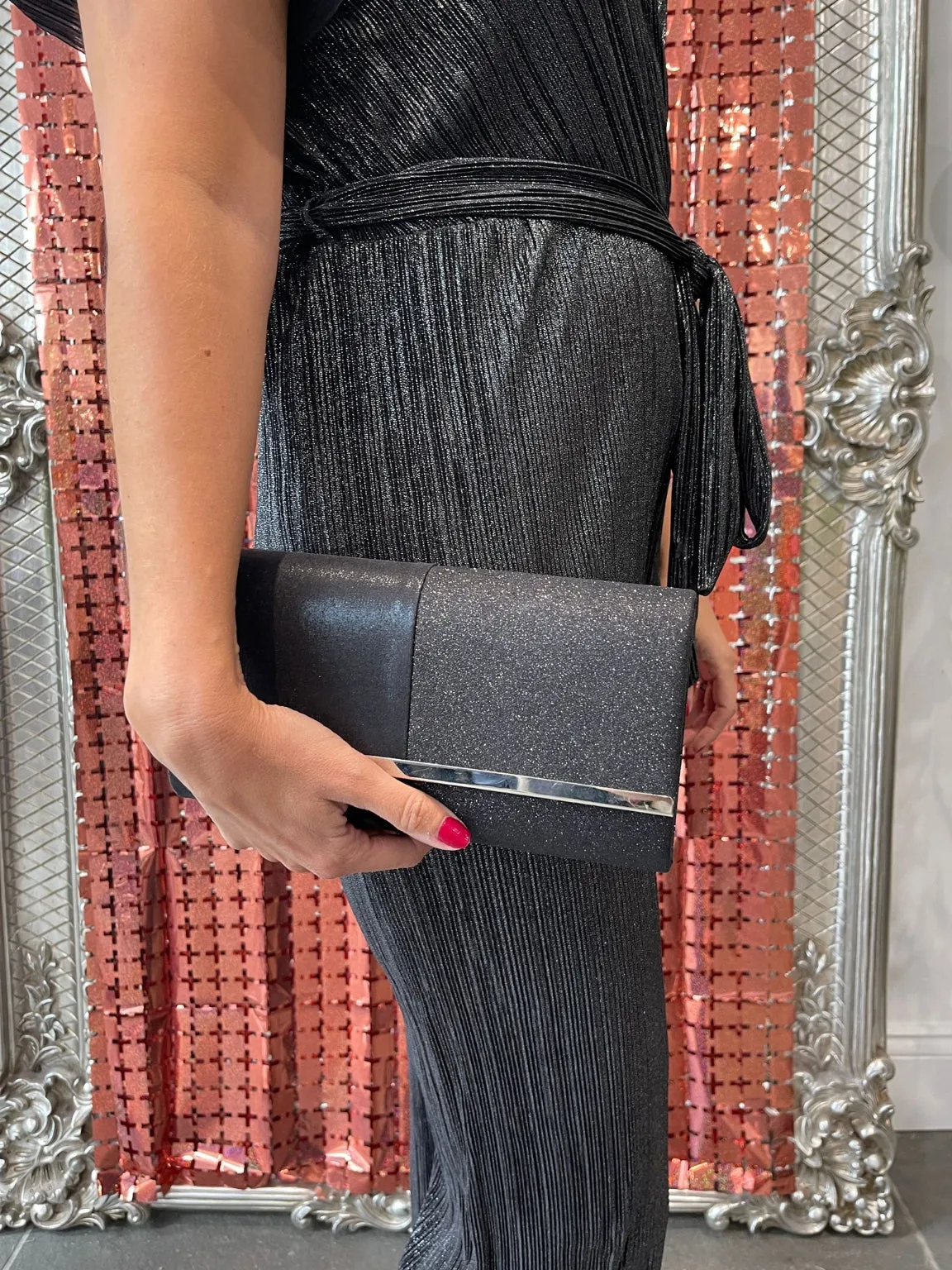 Black Half Sparkle Clutch Bag