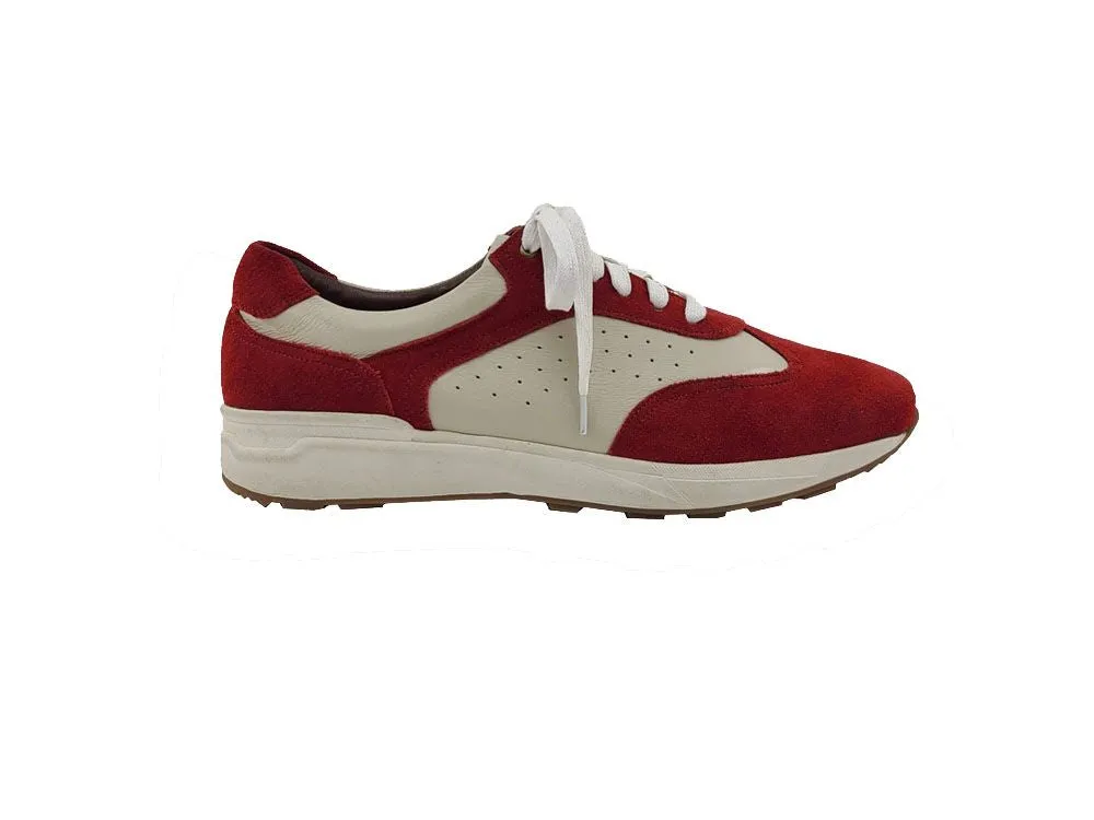 Calfskin & Suede Lace-Up Sneaker Red/Bone