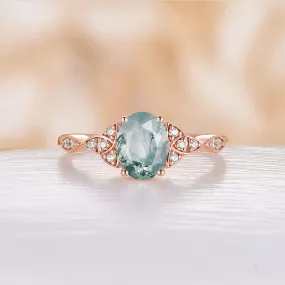 Celtic Style Moss Agate Engagement Ring Oval Shape Rose Gold Band