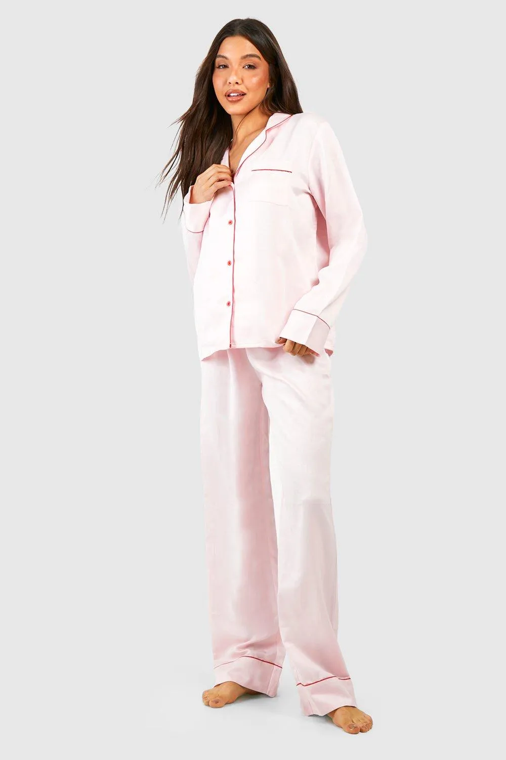 Contrast Pipe Button Front Pajama Set