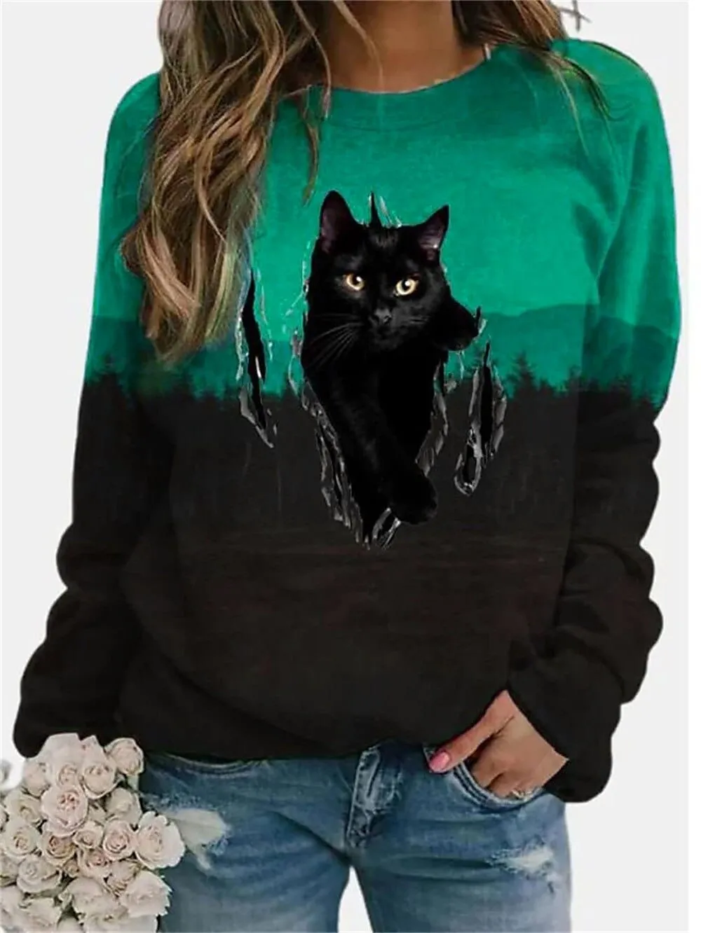 Cozy Cat Striped Sweatshirt for Women