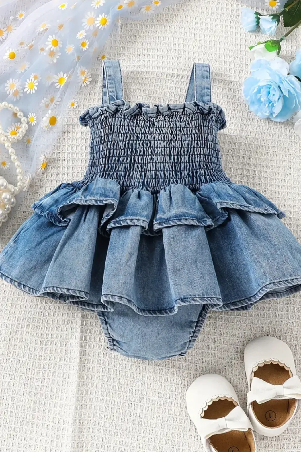 Denim ruffle dress onesie