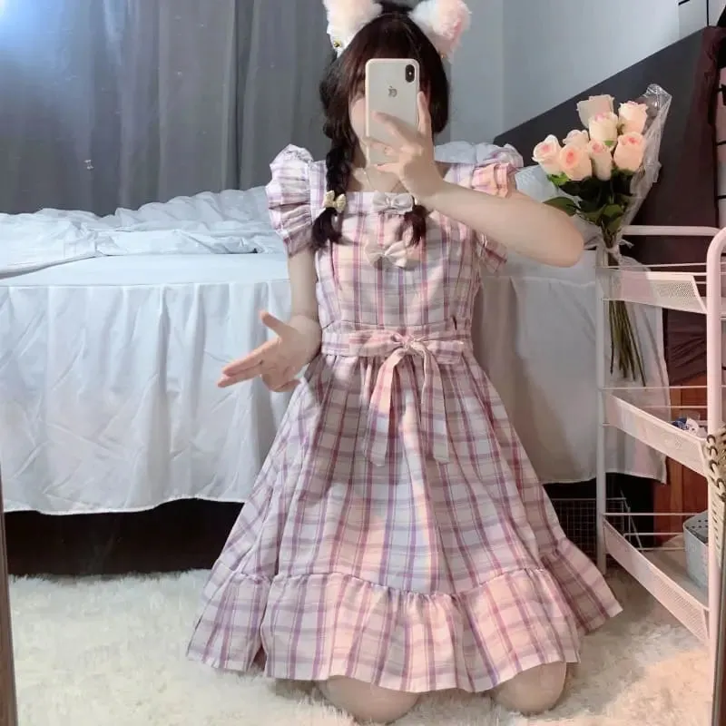 Dolly Kawaii Princess Jfashion Purple Plaid Ruffle Dress