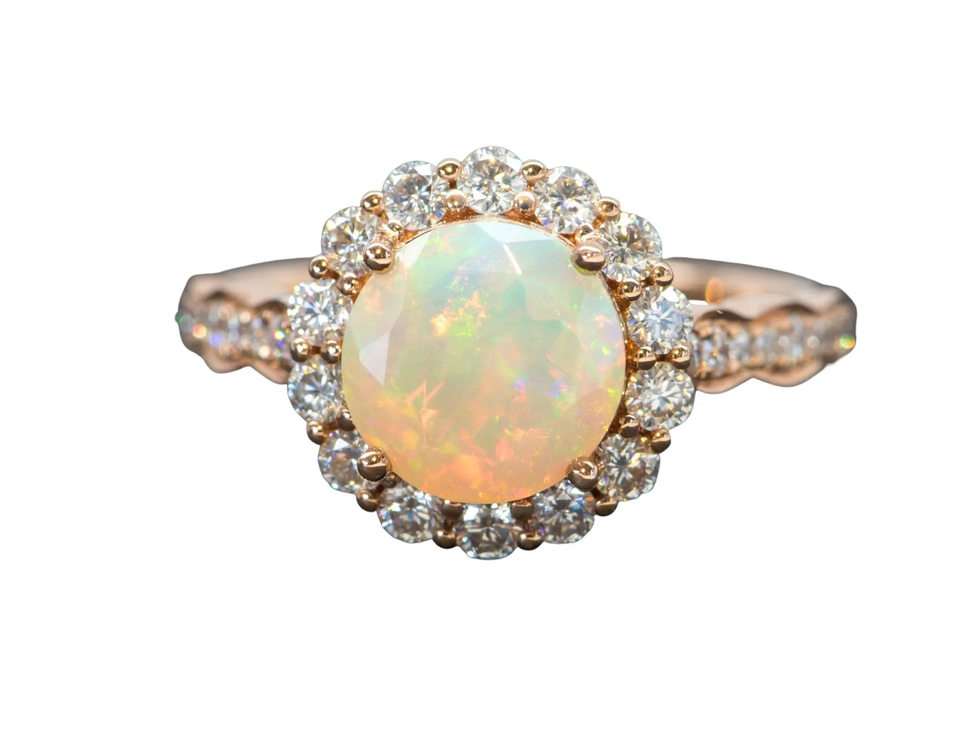 Ethiopian Opal Moissanite Halo Engagement Ring 14K Rose Gold Half Eternity Shank Pave AD1849-1