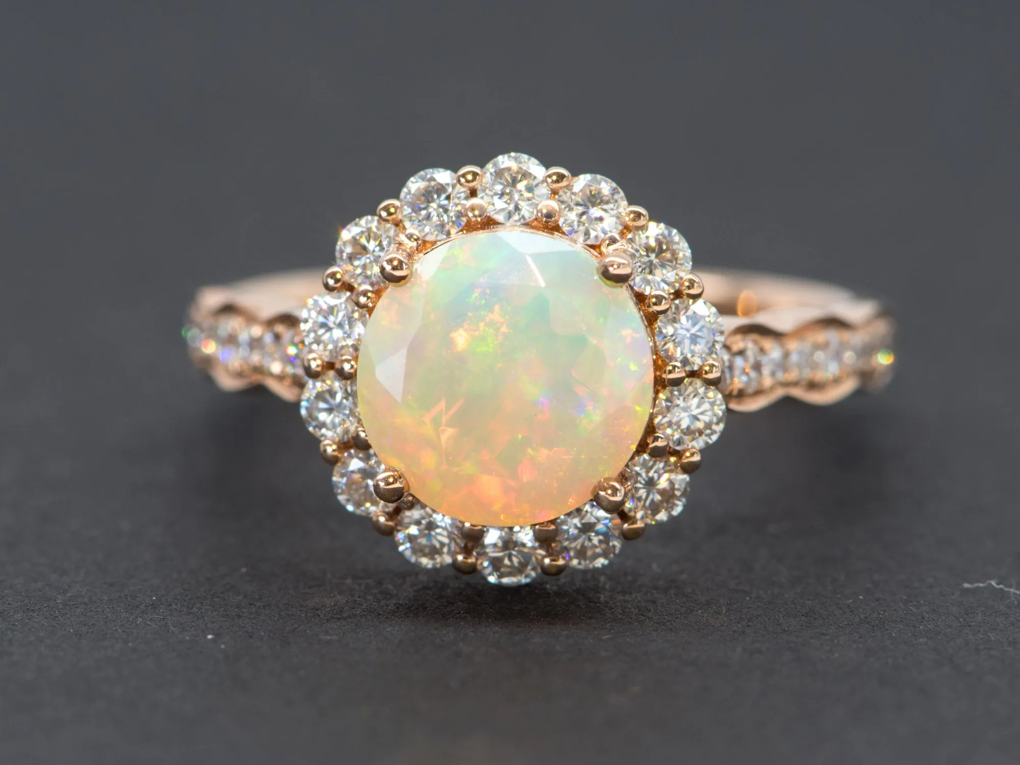 Ethiopian Opal Moissanite Halo Engagement Ring 14K Rose Gold Half Eternity Shank Pave AD1849-1