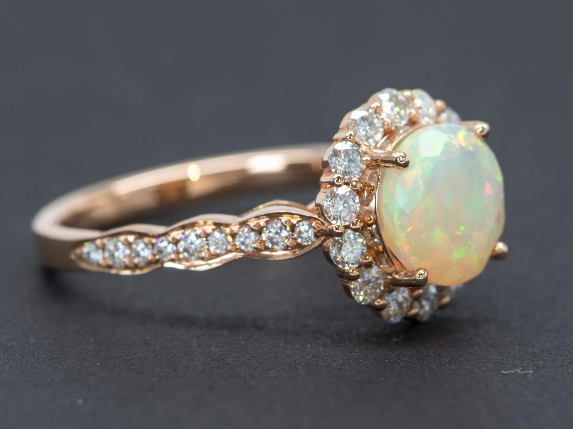 Ethiopian Opal Moissanite Halo Engagement Ring 14K Rose Gold Half Eternity Shank Pave AD1849-1