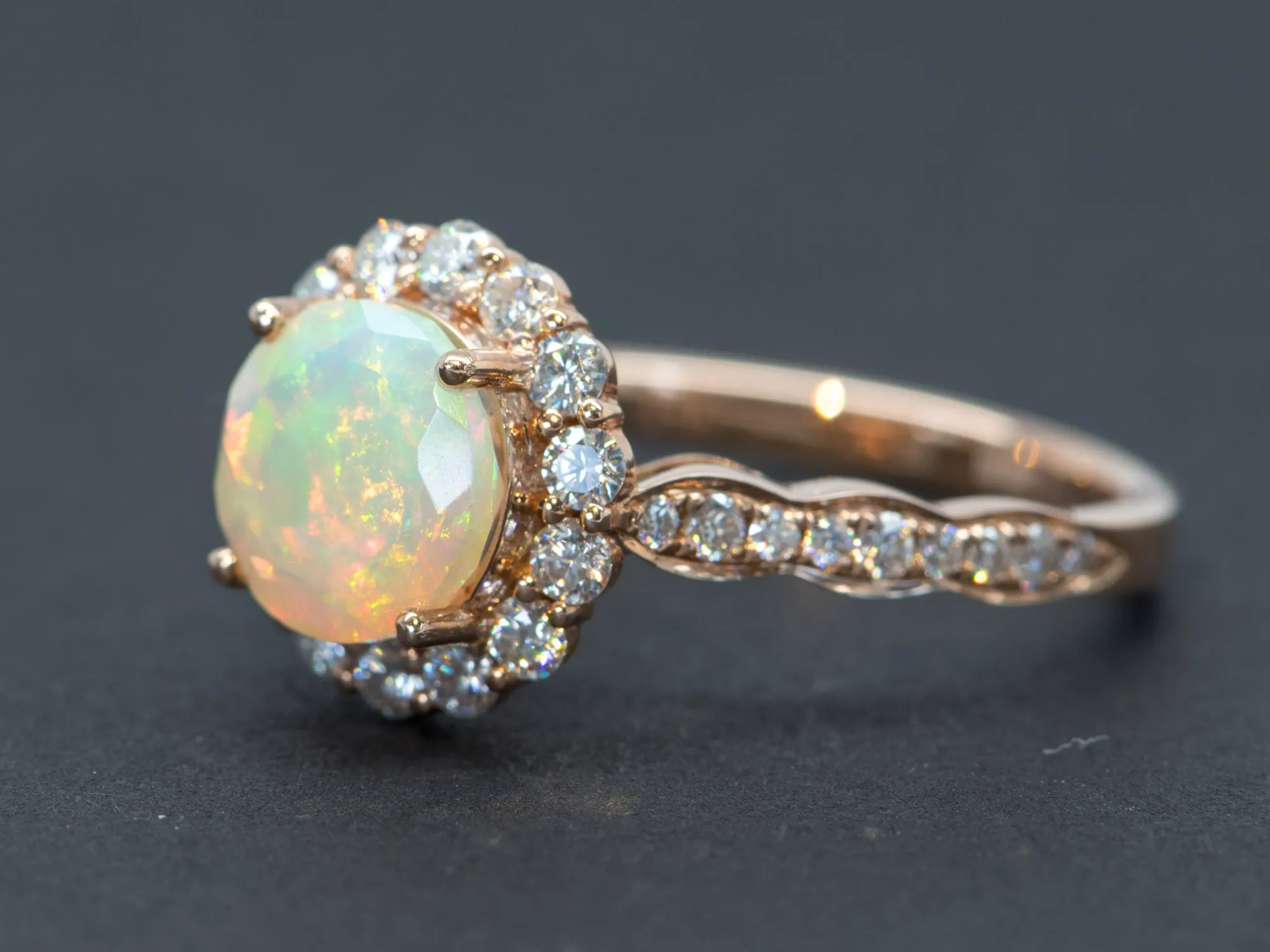 Ethiopian Opal Moissanite Halo Engagement Ring 14K Rose Gold Half Eternity Shank Pave AD1849-1