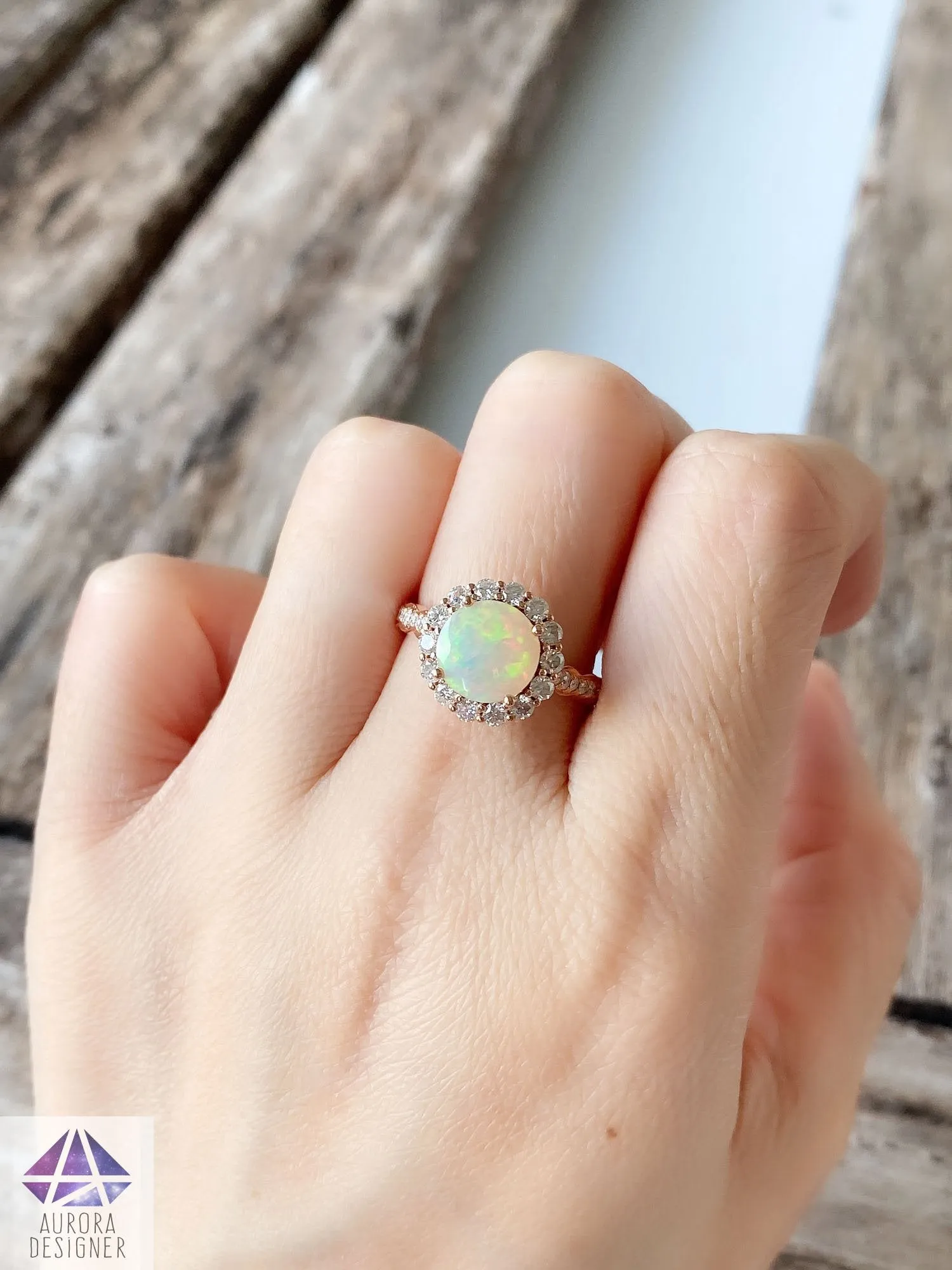 Ethiopian Opal Moissanite Halo Engagement Ring 14K Rose Gold Half Eternity Shank Pave AD1849-1