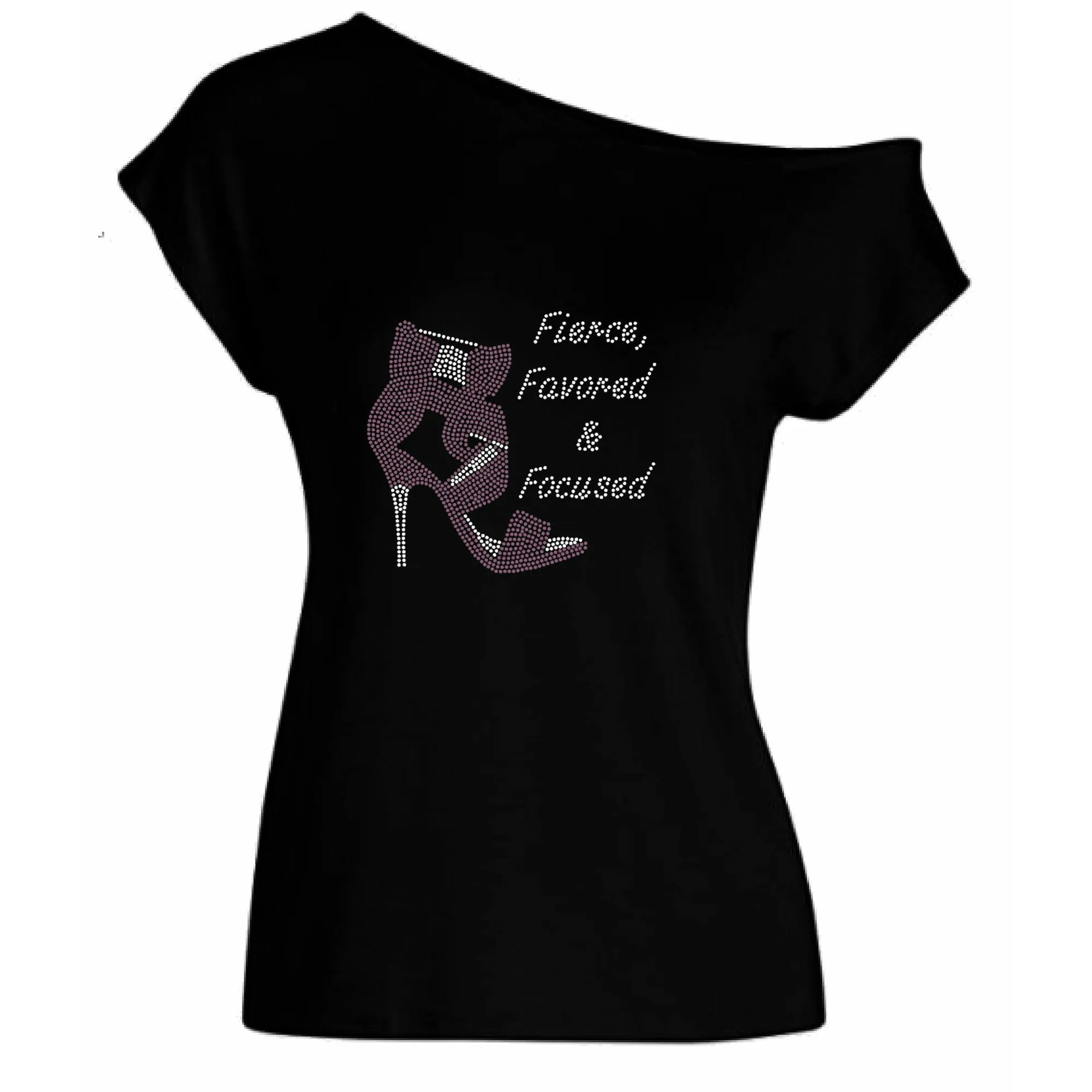 Fierce Favored & Focused Rhinestone Stiletto Off Shoulder Tee