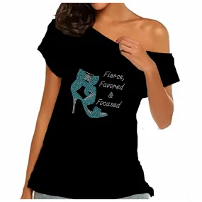 Fierce Favored & Focused Rhinestone Stiletto Off Shoulder Tee