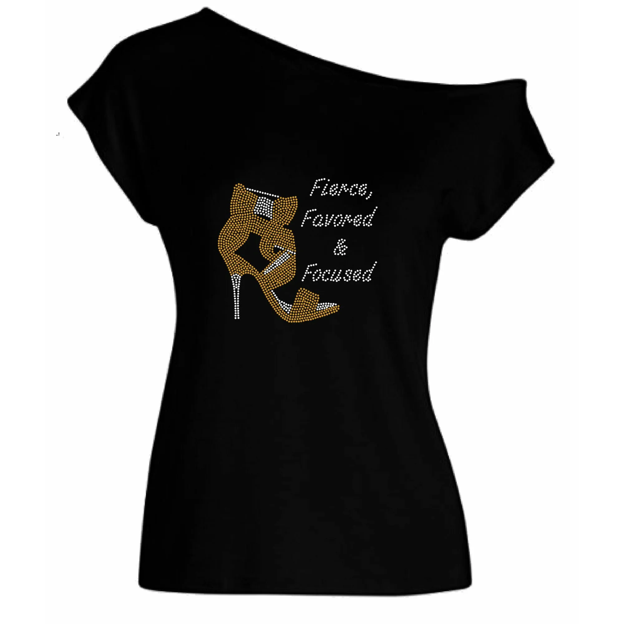 Fierce Favored & Focused Rhinestone Stiletto Off Shoulder Tee