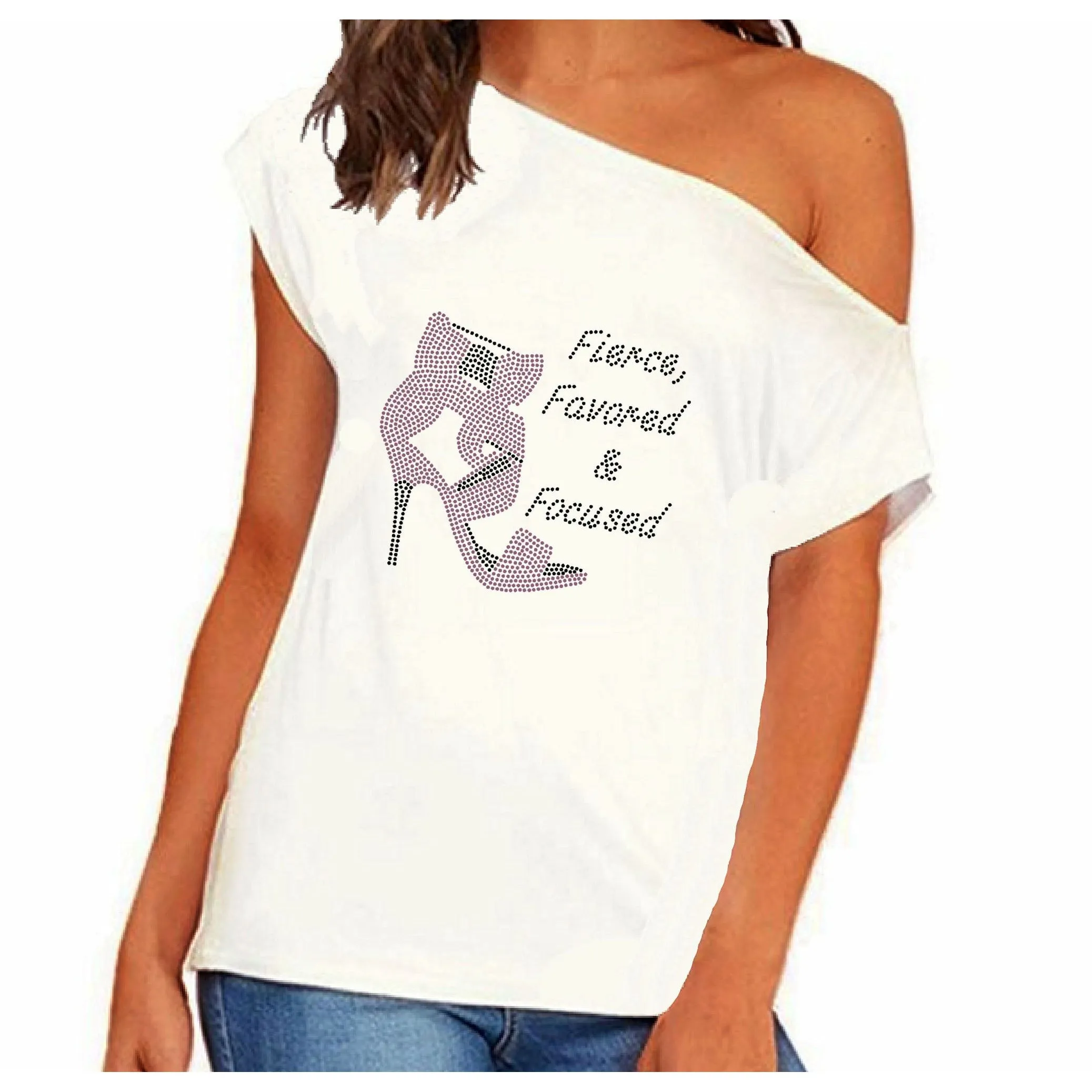 Fierce Favored & Focused Rhinestone Stiletto Off Shoulder Tee