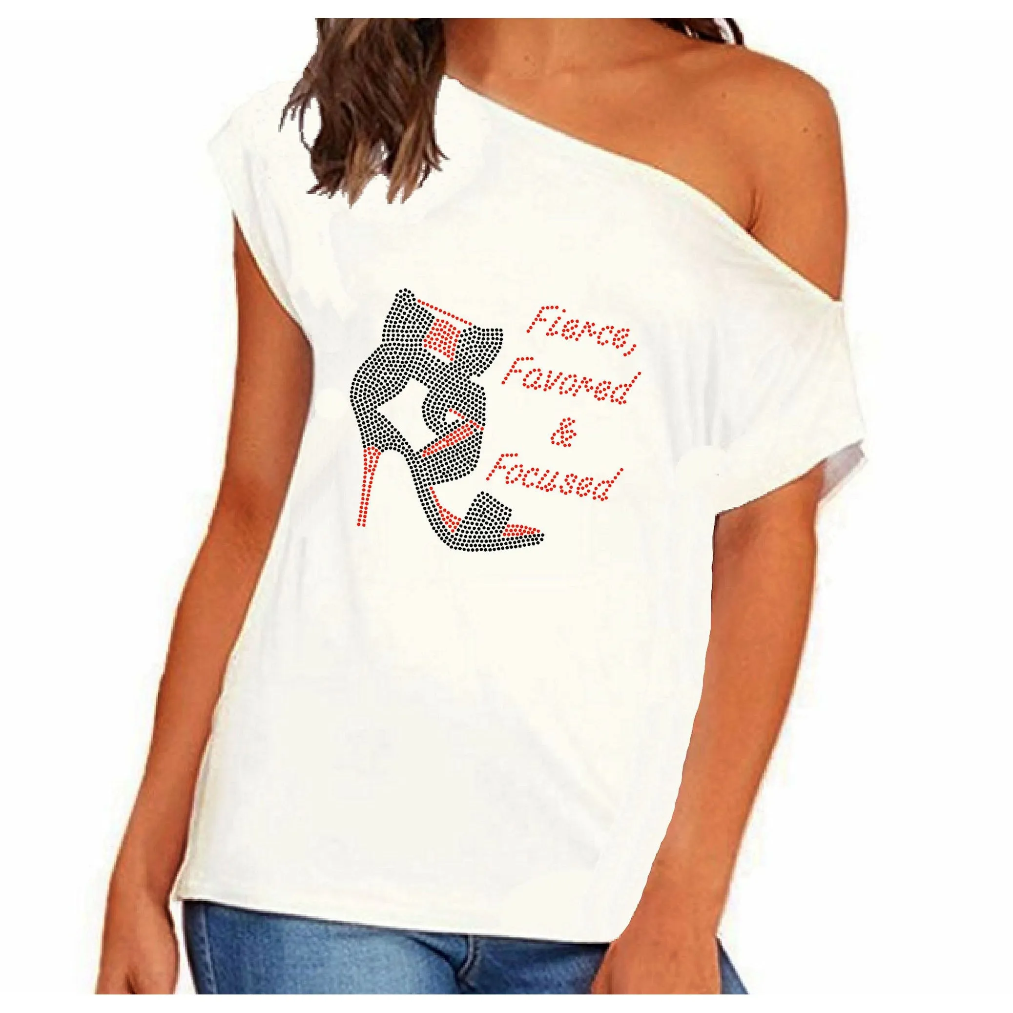 Fierce Favored & Focused Rhinestone Stiletto Off Shoulder Tee