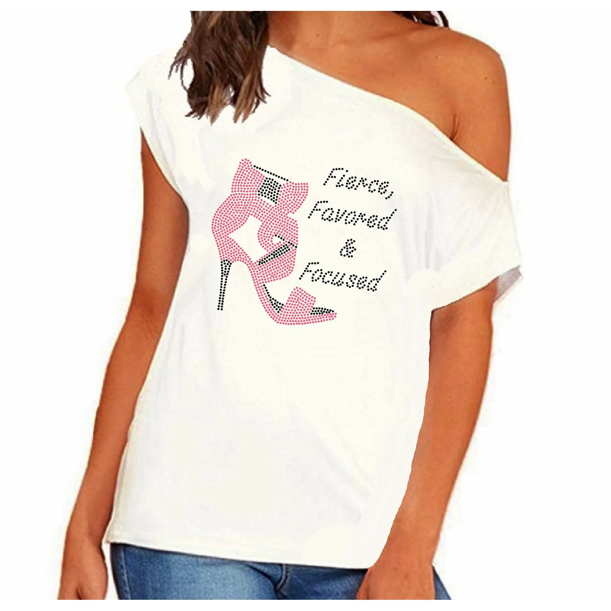 Fierce Favored & Focused Rhinestone Stiletto Off Shoulder Tee