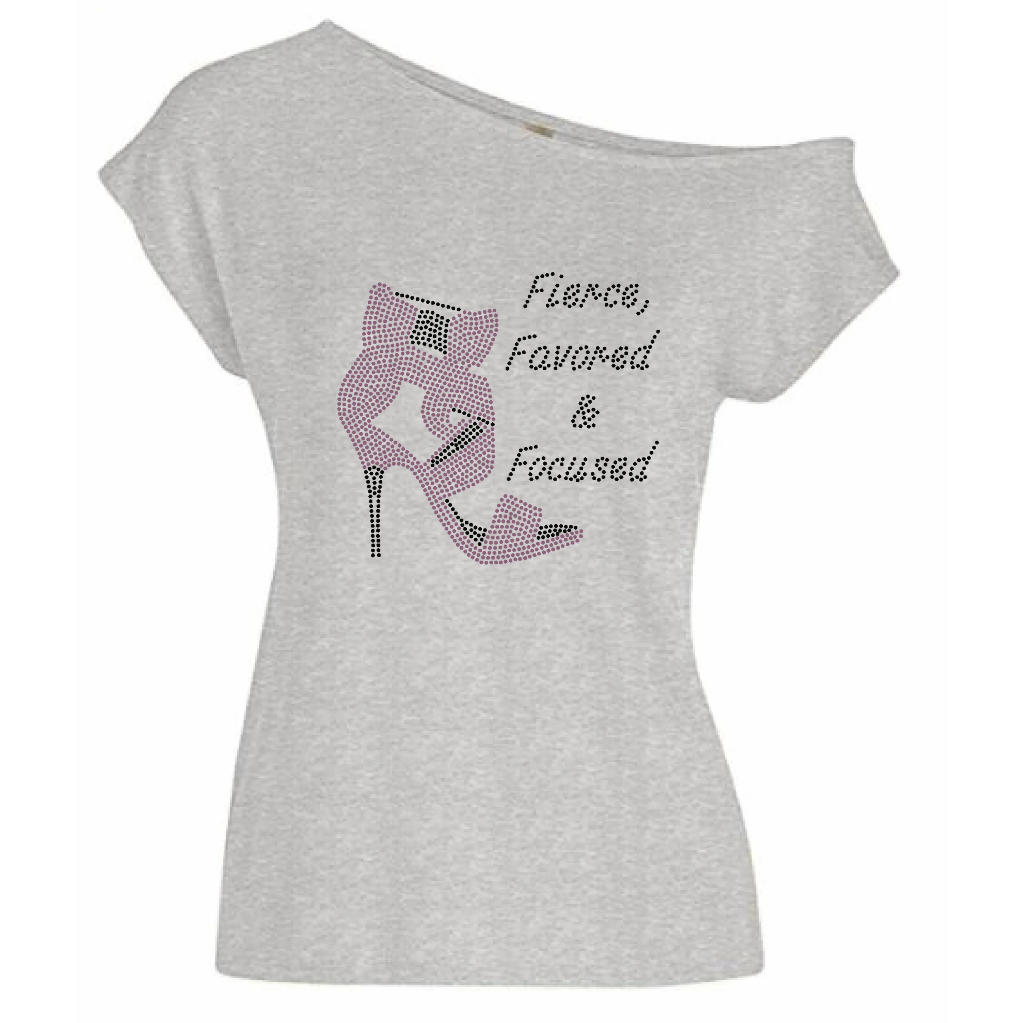 Fierce Favored & Focused Rhinestone Stiletto Off Shoulder Tee