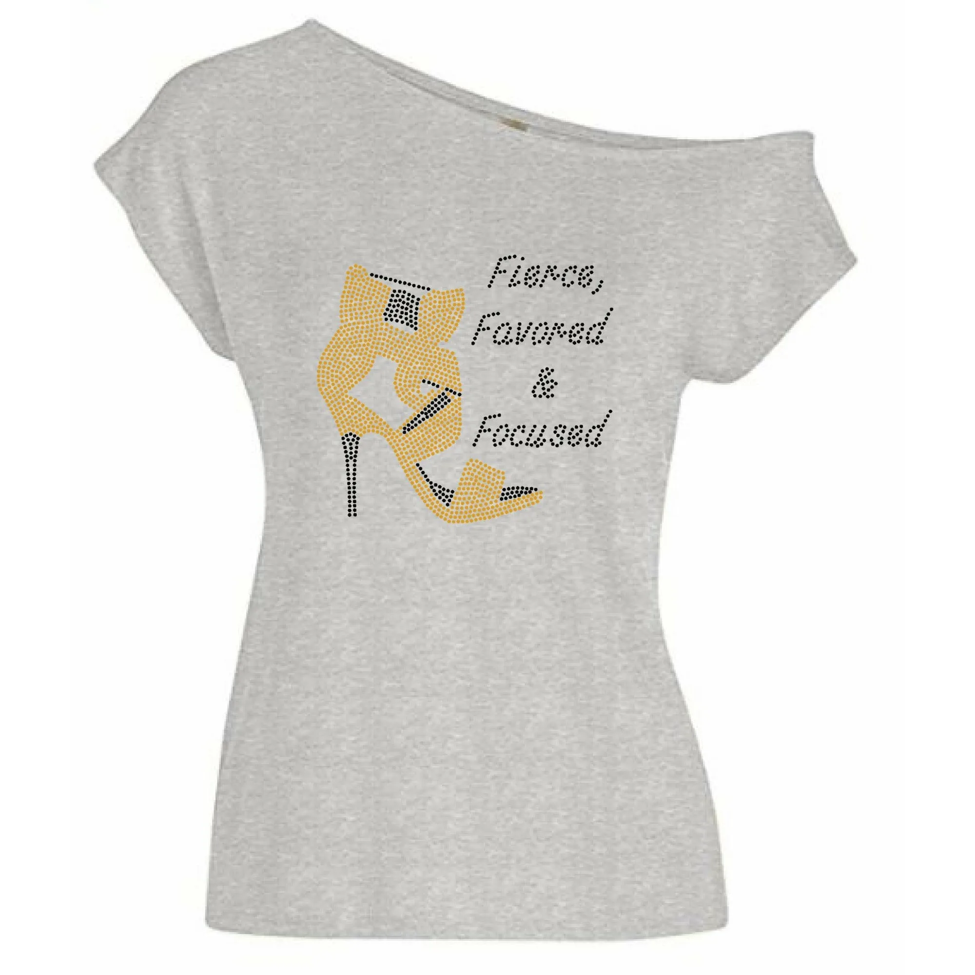 Fierce Favored & Focused Rhinestone Stiletto Off Shoulder Tee