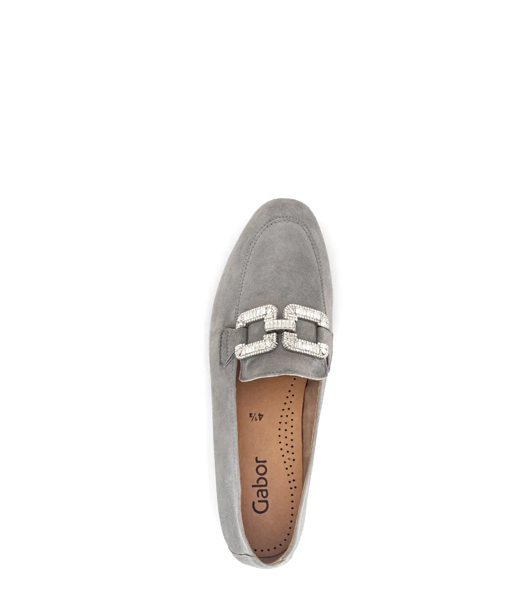 GABOR Grey Suede Loafer with Diamante Buckle 21019