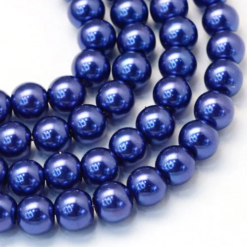 Glass Pearl Beads, Strand, Dark Blue, Round, 8mm