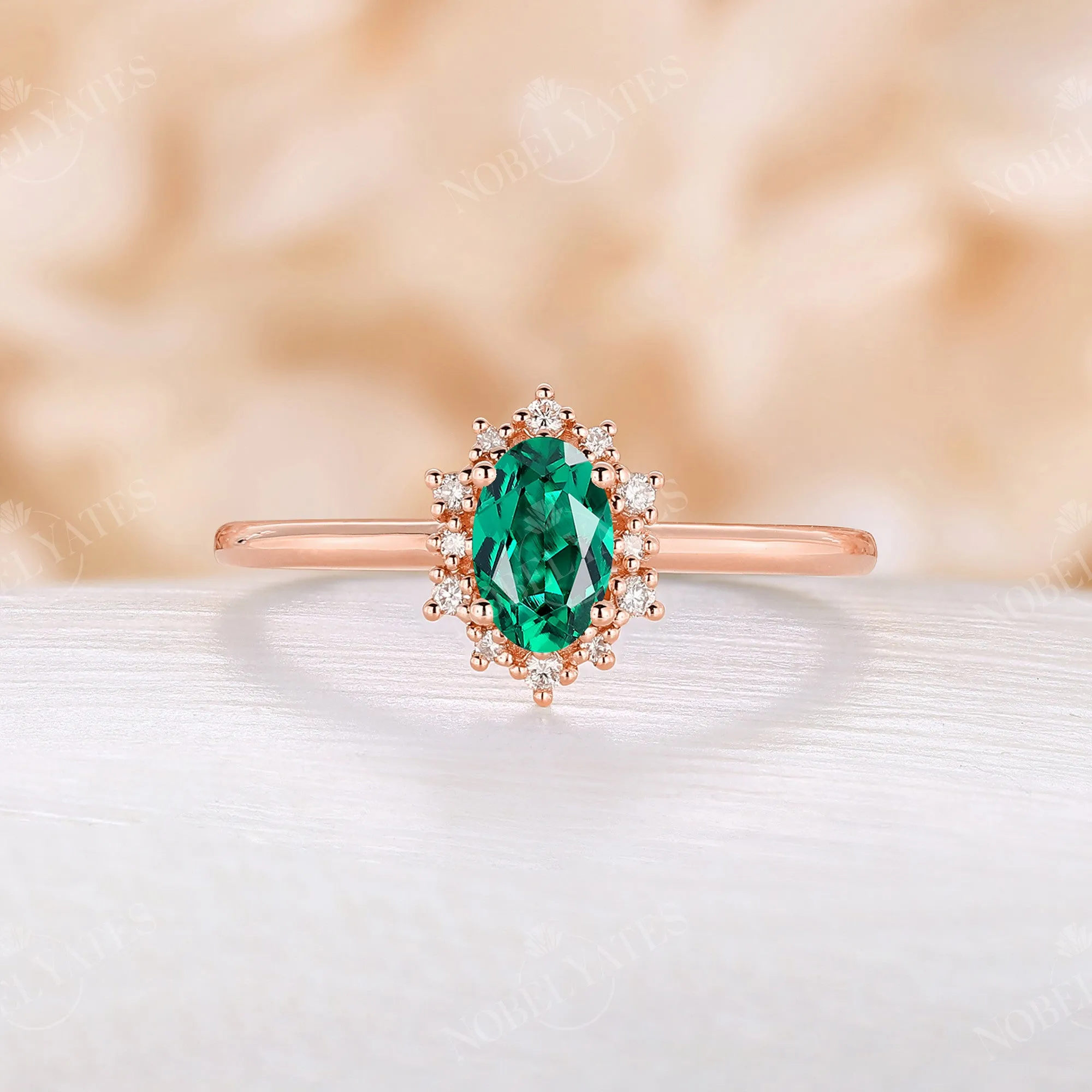 Halo Lab Emerald Oval Cut Engagement Ring Rose Gold