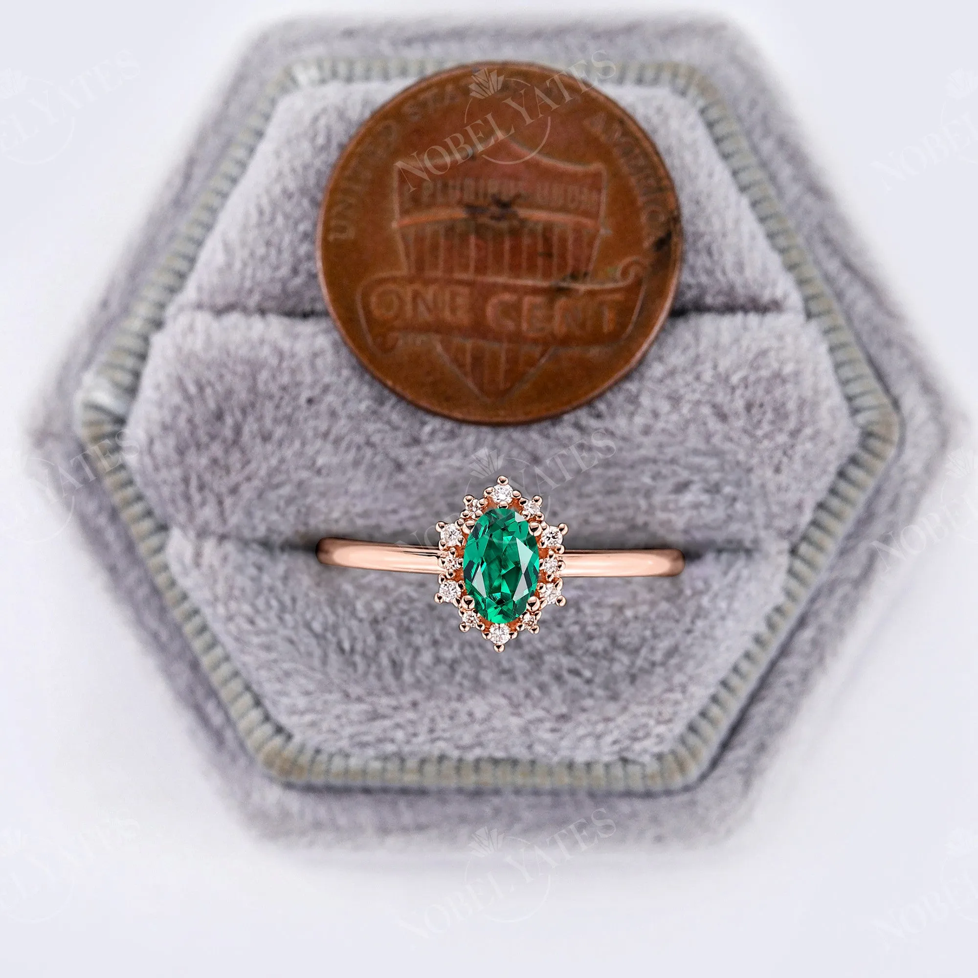 Halo Lab Emerald Oval Cut Engagement Ring Rose Gold