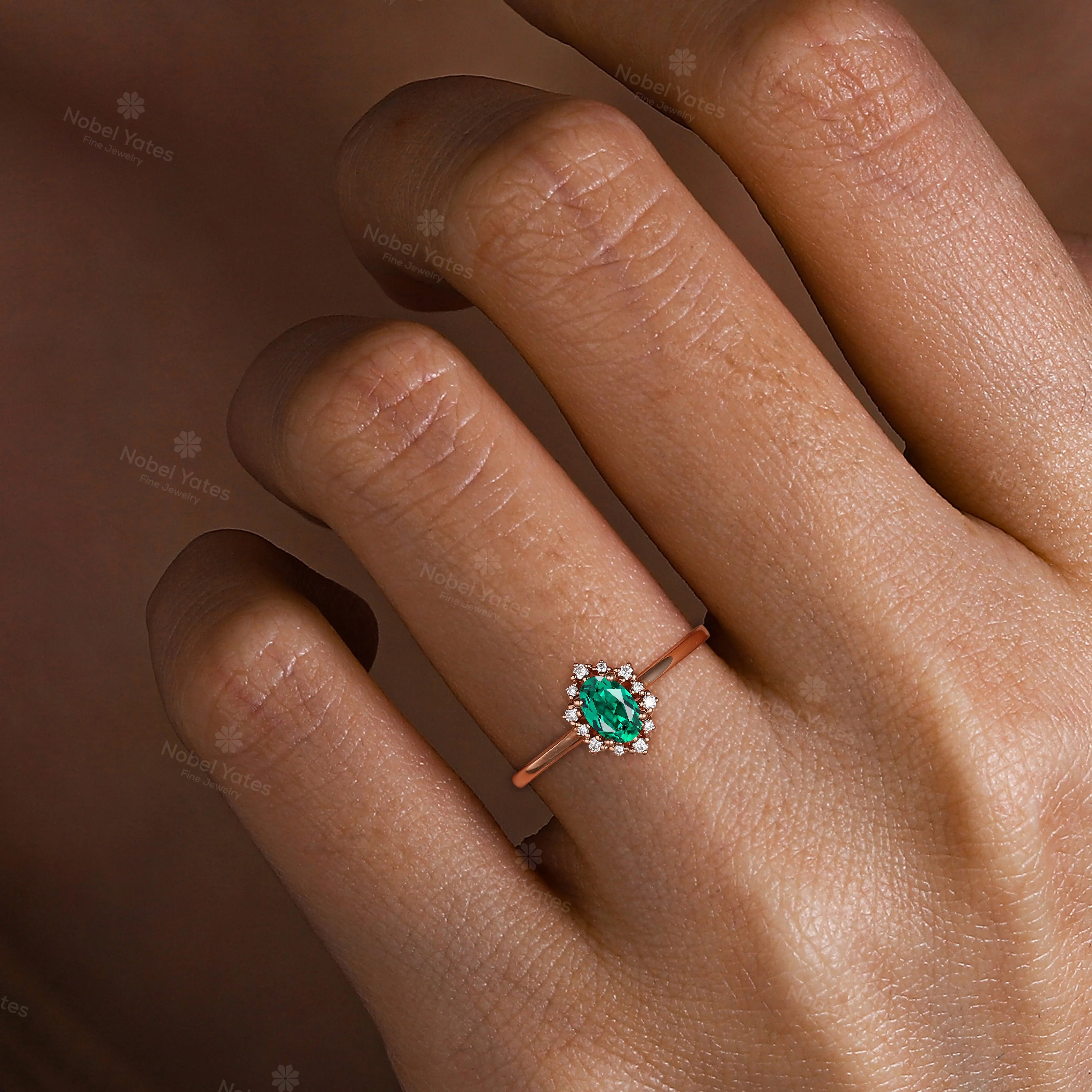 Halo Lab Emerald Oval Cut Engagement Ring Rose Gold