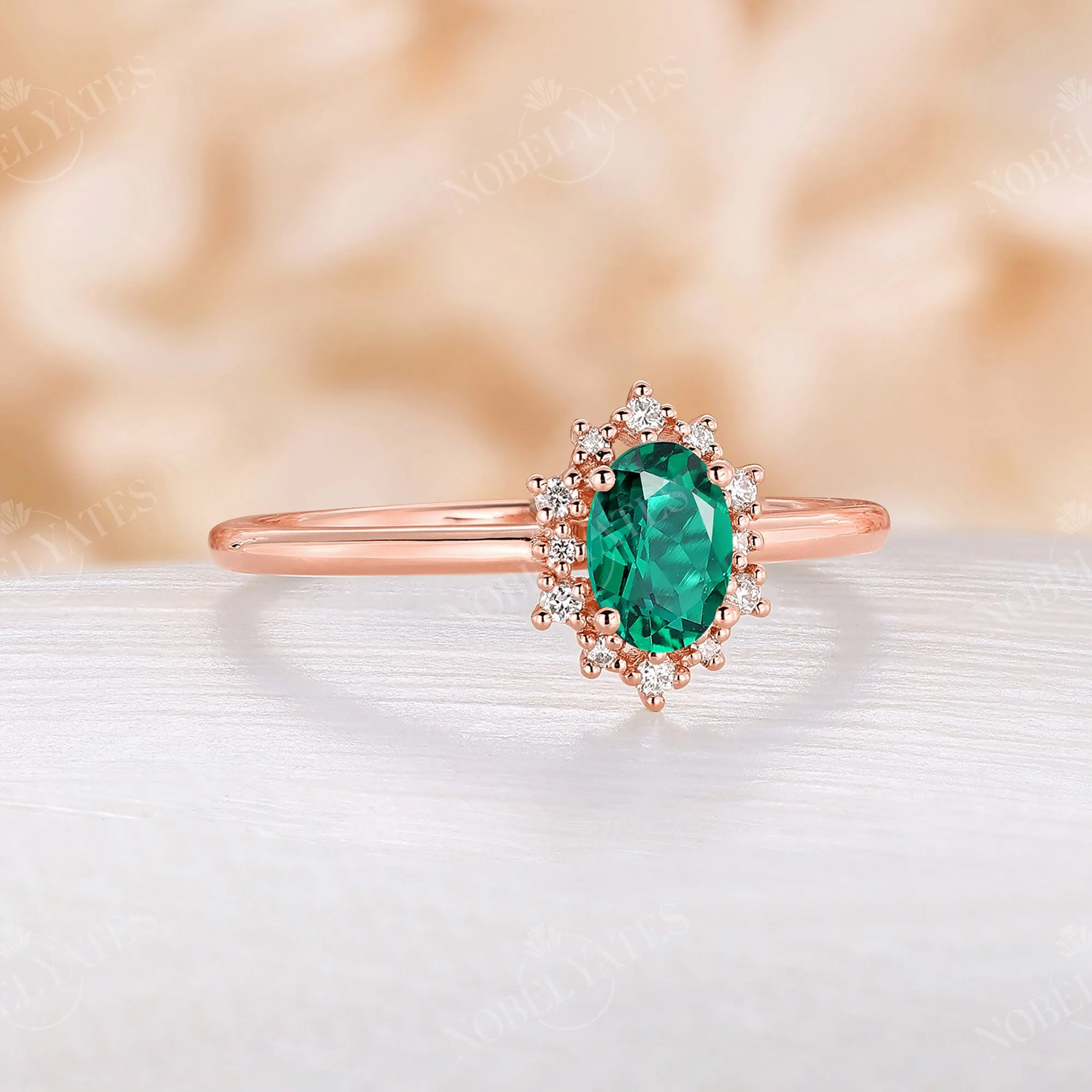 Halo Lab Emerald Oval Cut Engagement Ring Rose Gold