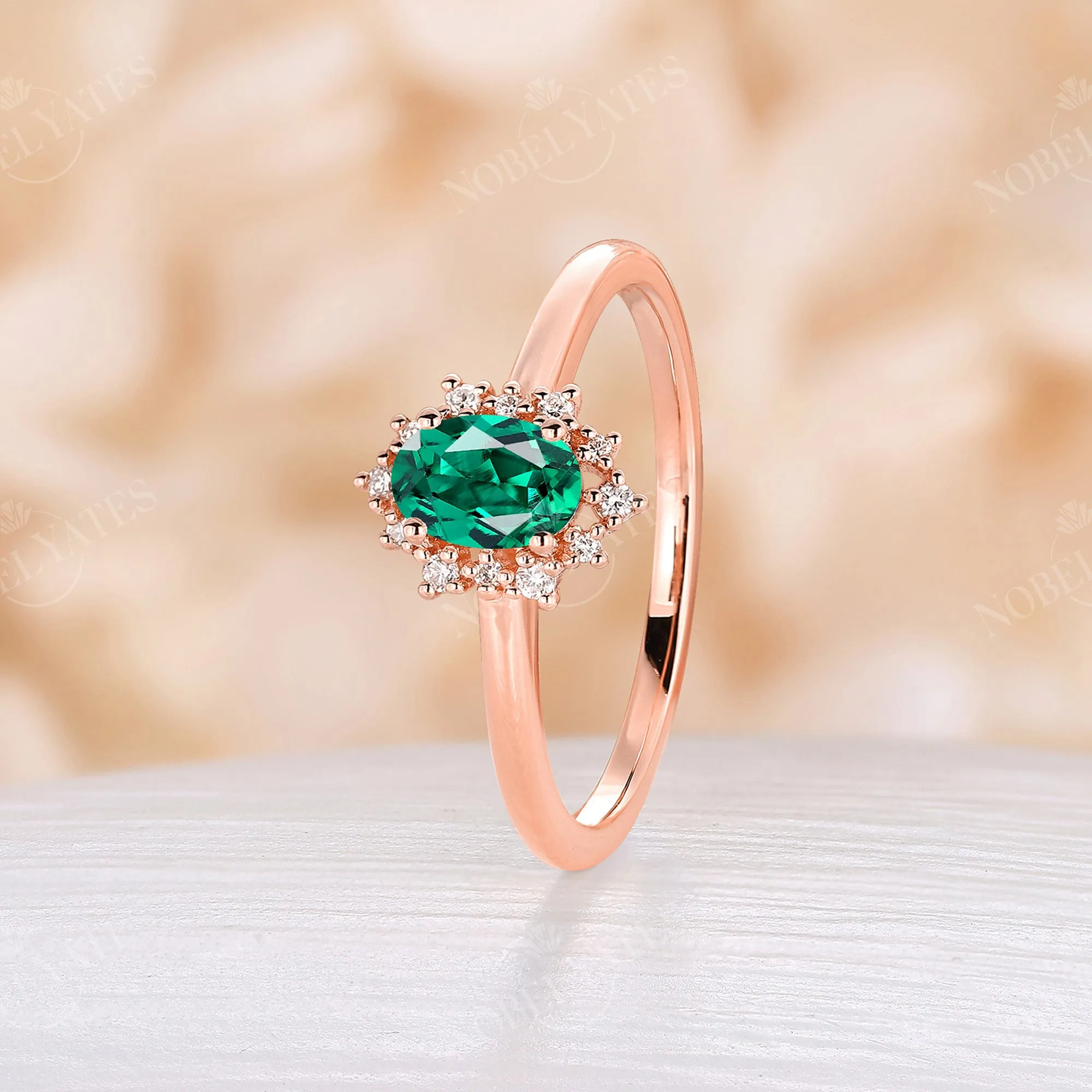 Halo Lab Emerald Oval Cut Engagement Ring Rose Gold