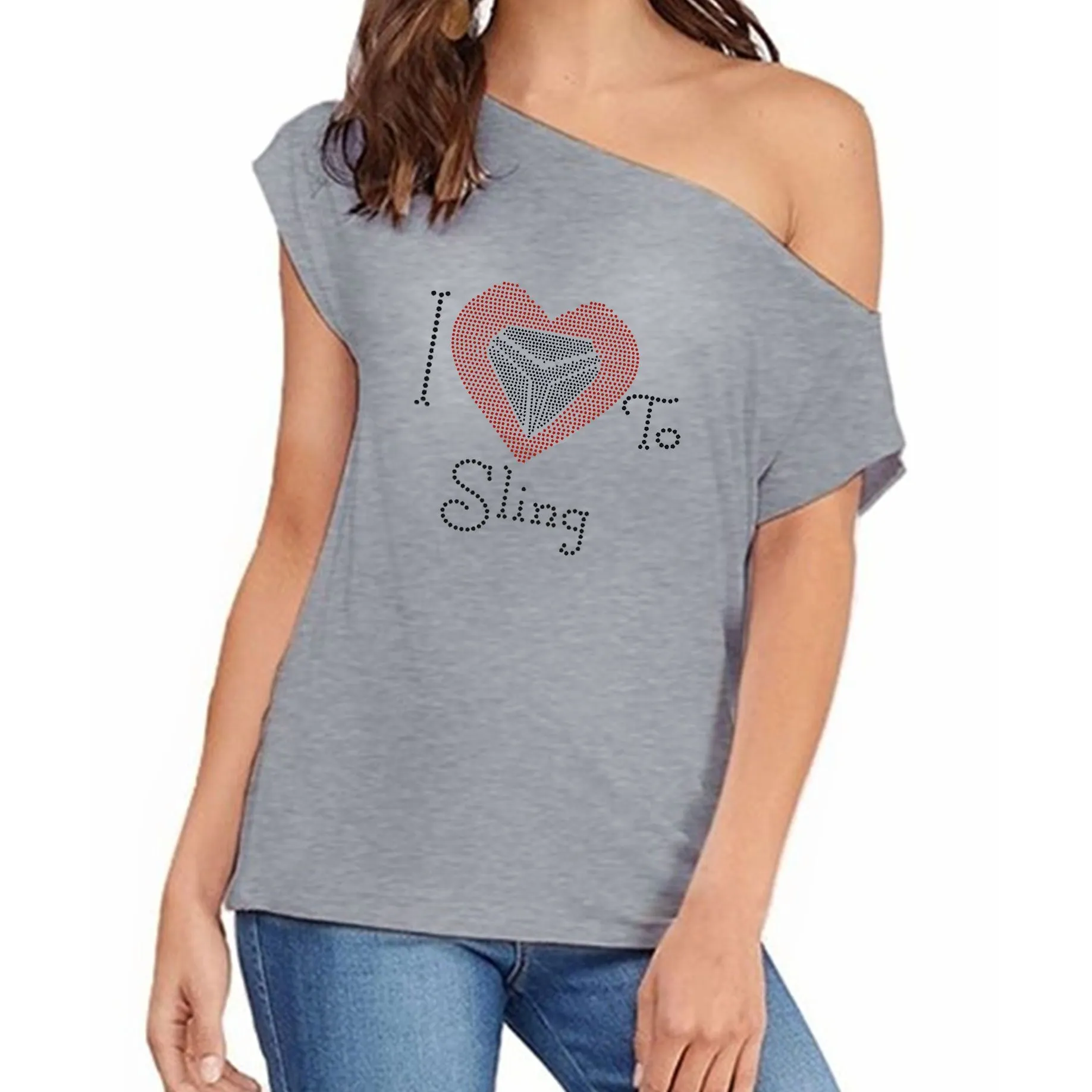 I Love To Sling Rhinestone Heart Off Shoulder Tee