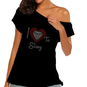 I Love To Sling Rhinestone Heart Off Shoulder Tee