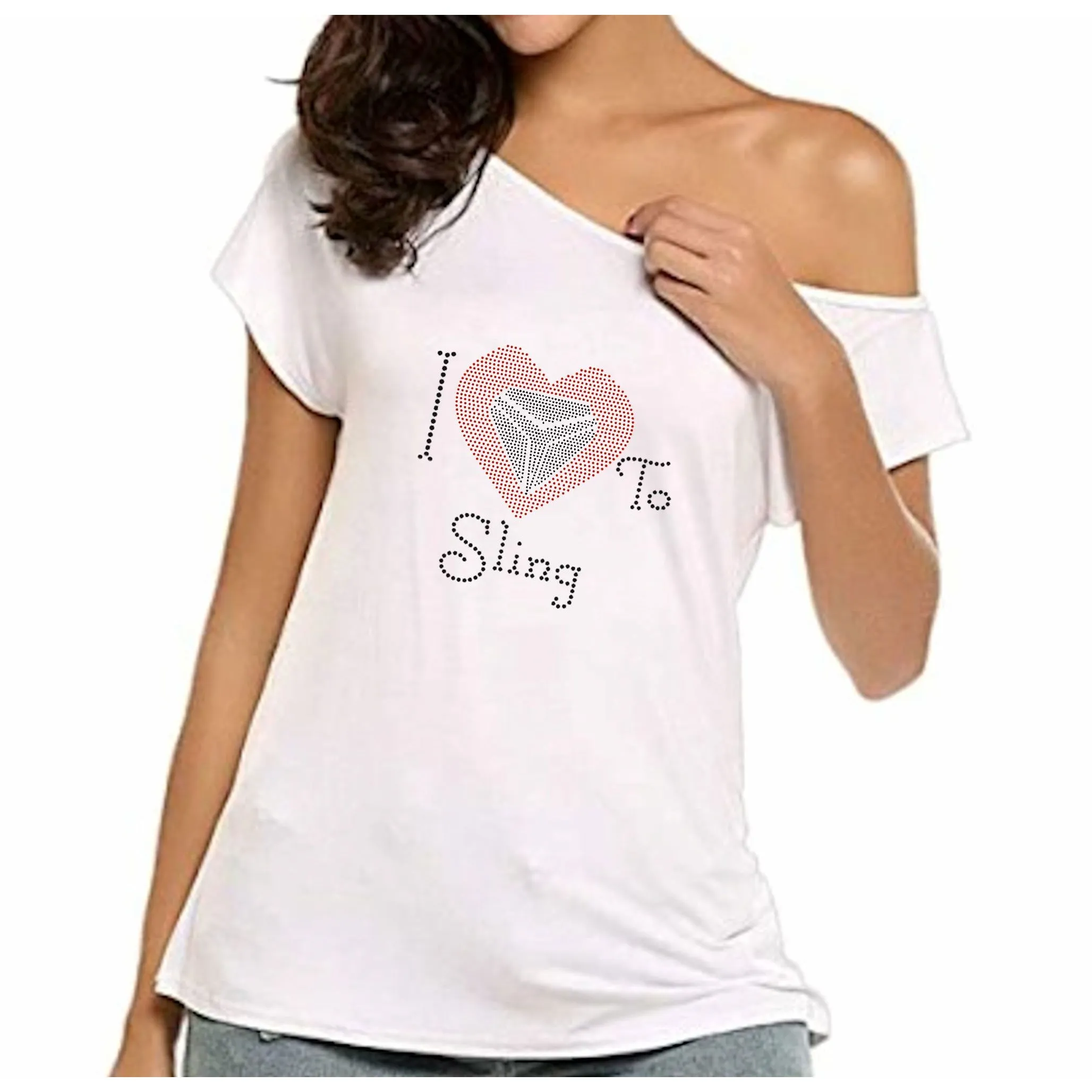 I Love To Sling Rhinestone Heart Off Shoulder Tee