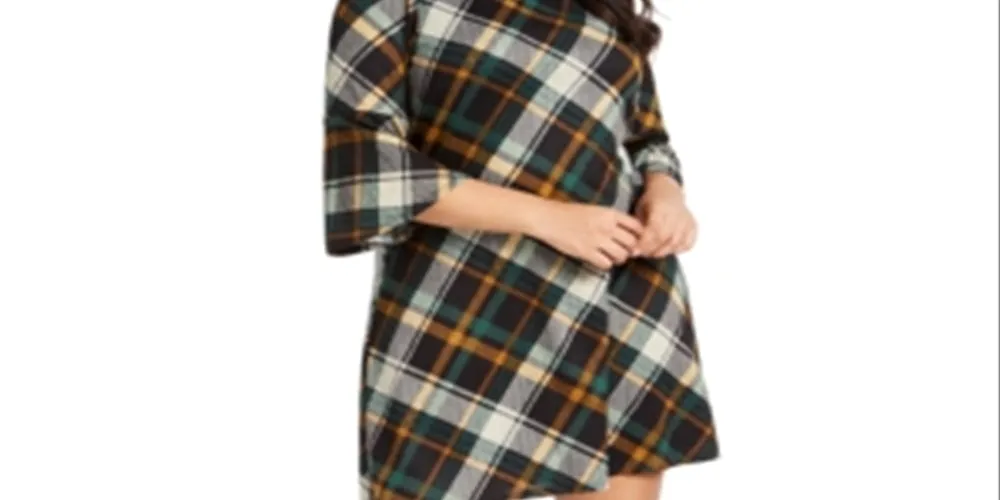 Jessica Howard Women's Plaid 3/4 Sleeve Jewel Neck Short a Line Dress Green  Size 2XL