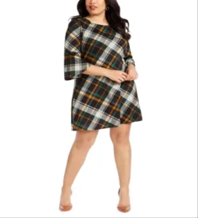 Jessica Howard Women's Plaid 3/4 Sleeve Jewel Neck Short a Line Dress Green  Size 2XL