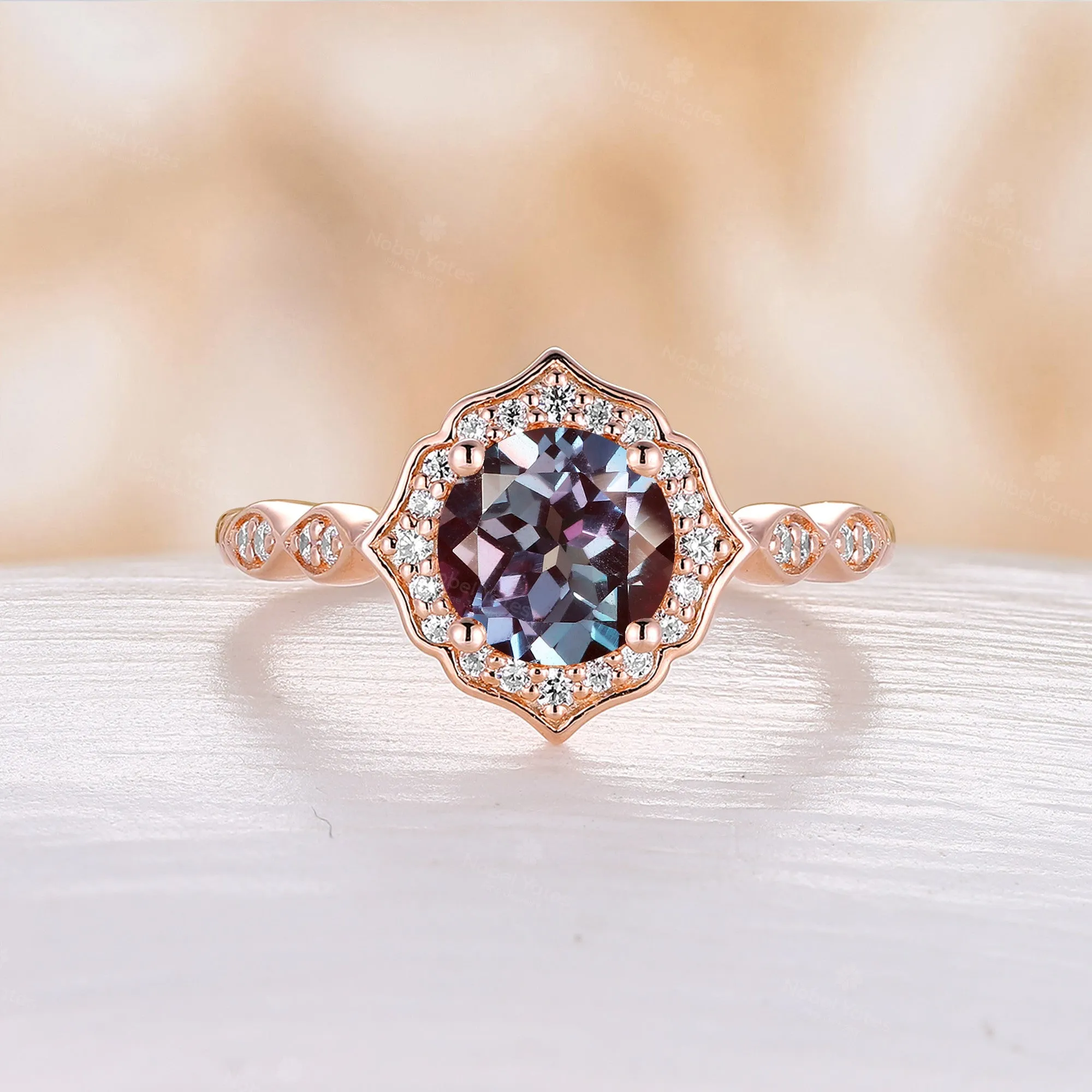 Lab Alexandrite Round Cut Engagement Ring Vintage Halo Rose Gold Half Eternity