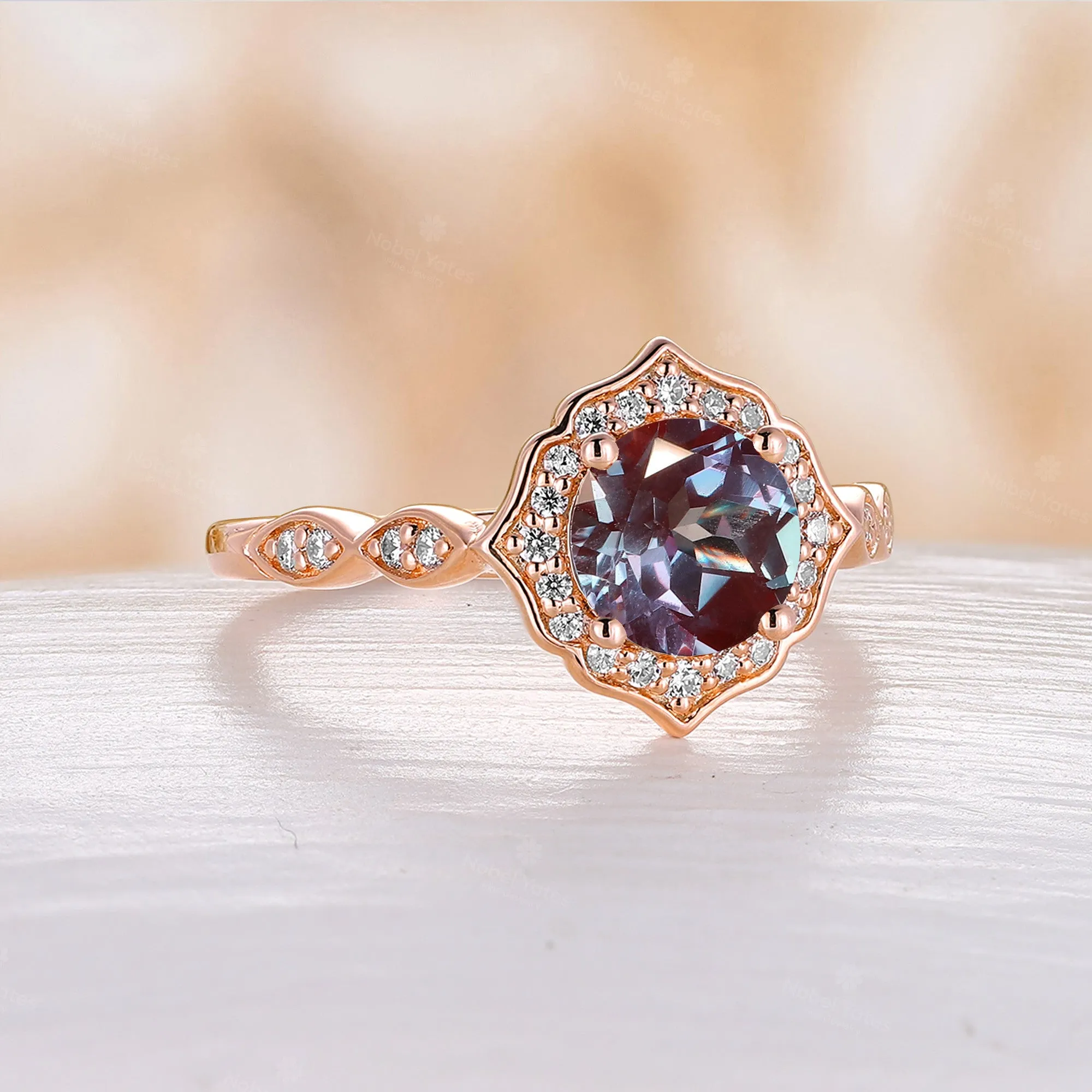 Lab Alexandrite Round Cut Engagement Ring Vintage Halo Rose Gold Half Eternity