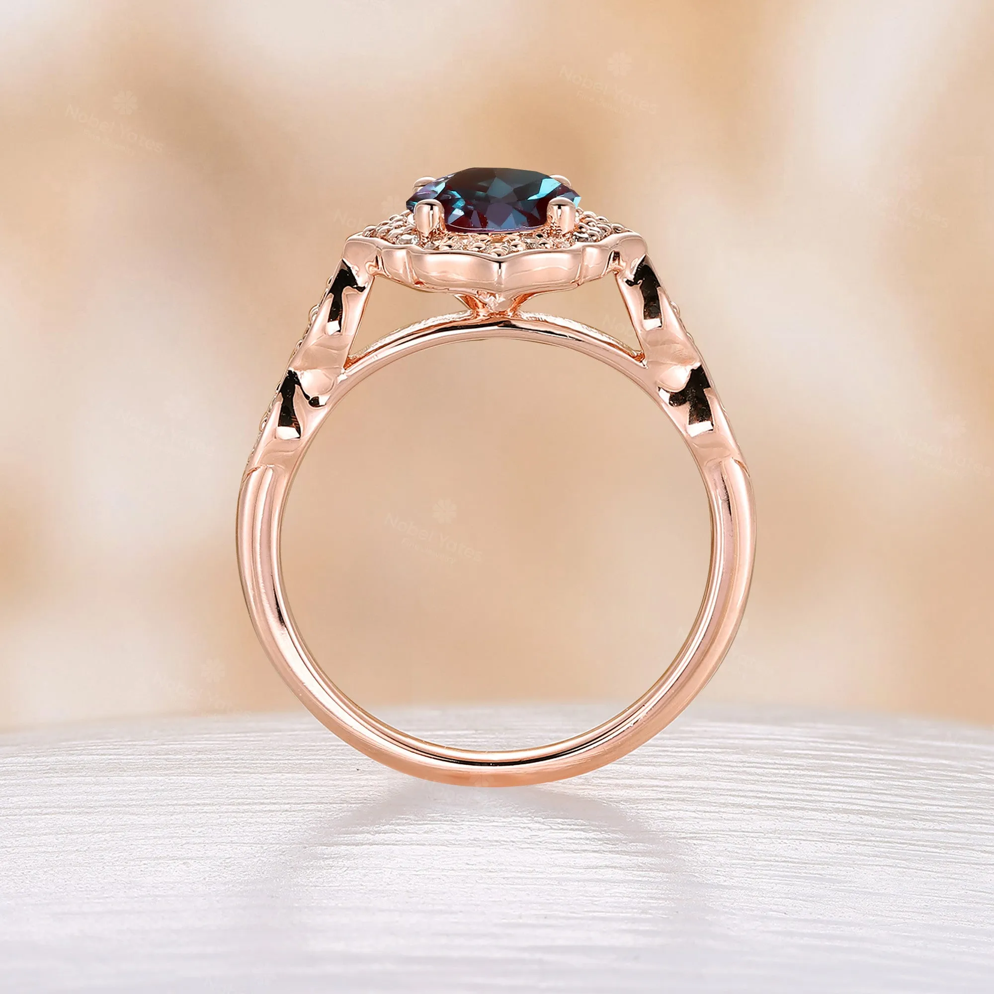 Lab Alexandrite Round Cut Engagement Ring Vintage Halo Rose Gold Half Eternity