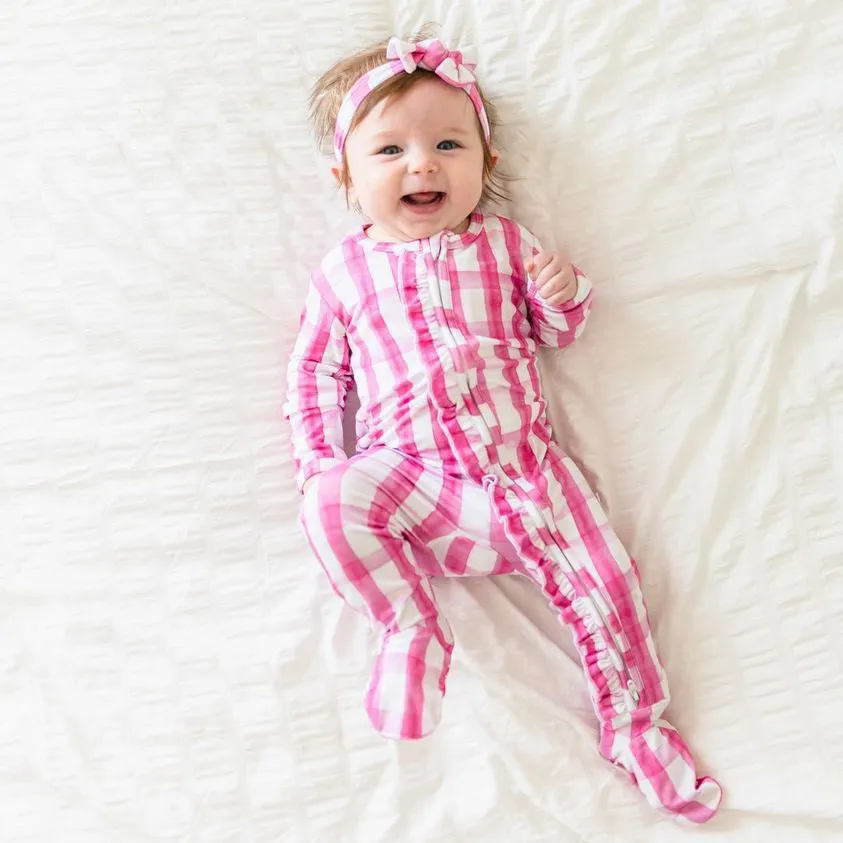 Little Pajama Co. Ruffled Zip Footed Onesie - Pink Gingham