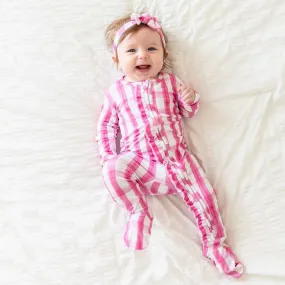 Little Pajama Co. Ruffled Zip Footed Onesie - Pink Gingham