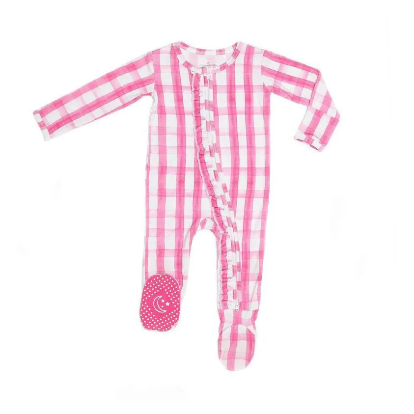 Little Pajama Co. Ruffled Zip Footed Onesie - Pink Gingham