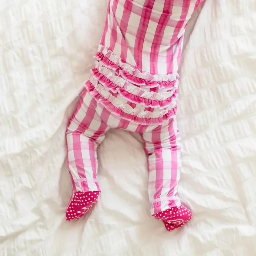 Little Pajama Co. Ruffled Zip Footed Onesie - Pink Gingham