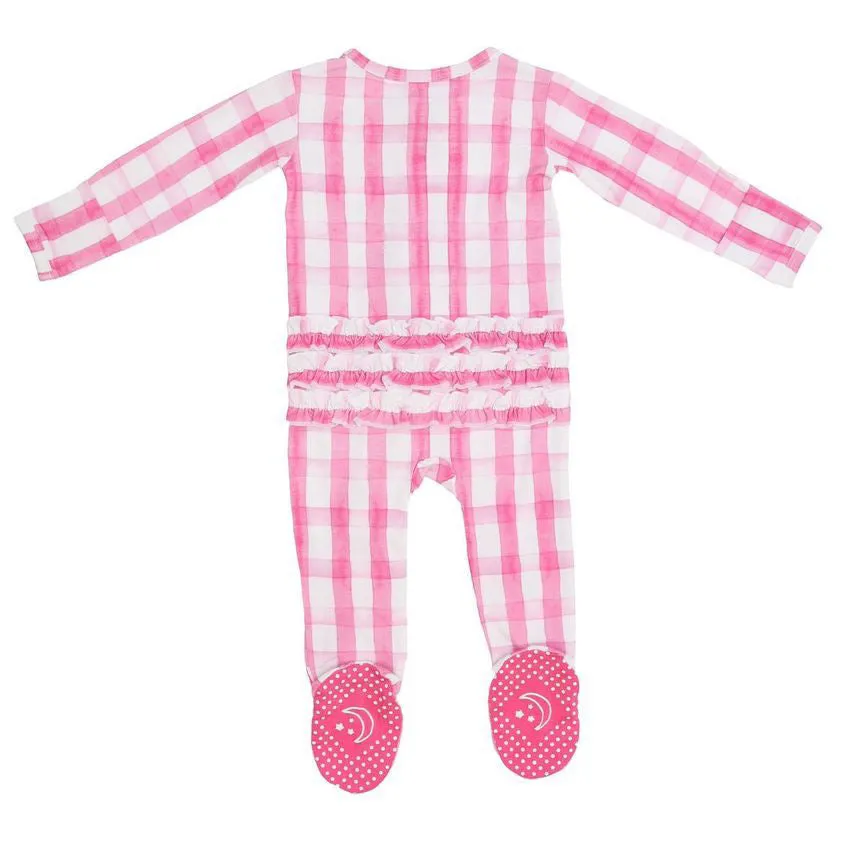 Little Pajama Co. Ruffled Zip Footed Onesie - Pink Gingham