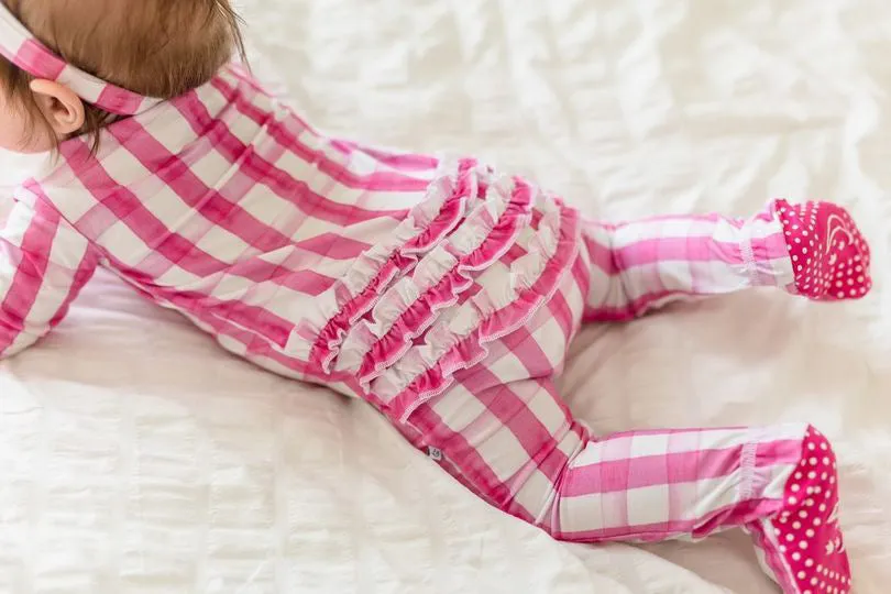 Little Pajama Co. Ruffled Zip Footed Onesie - Pink Gingham